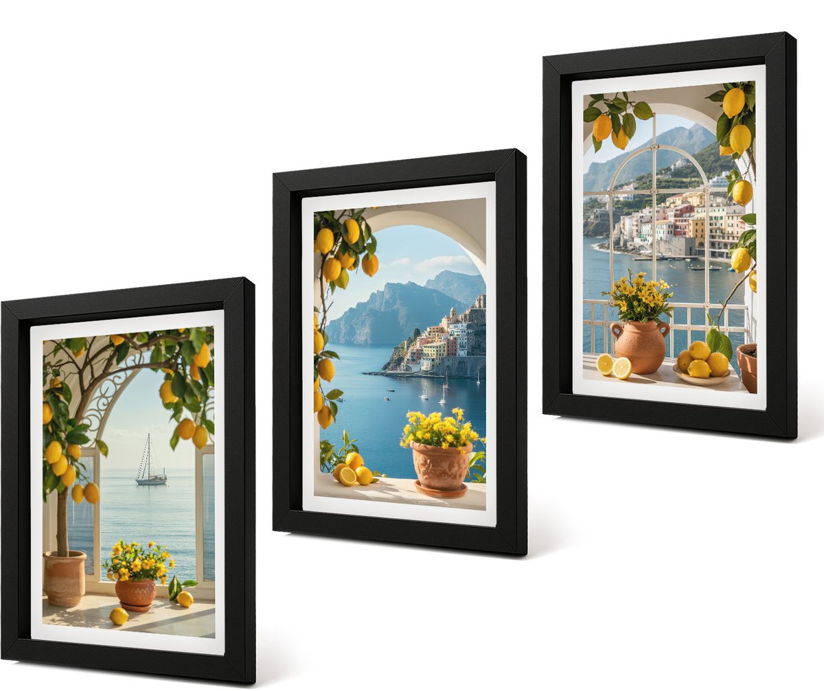 Coloray 4-Delige Schilderij Set - Citroenen en bloemen in potten in een kustplaats - 20 x 30 cm - Wanddecoratie - Schilderijen Set - Kantoor - Interieur Decoratie