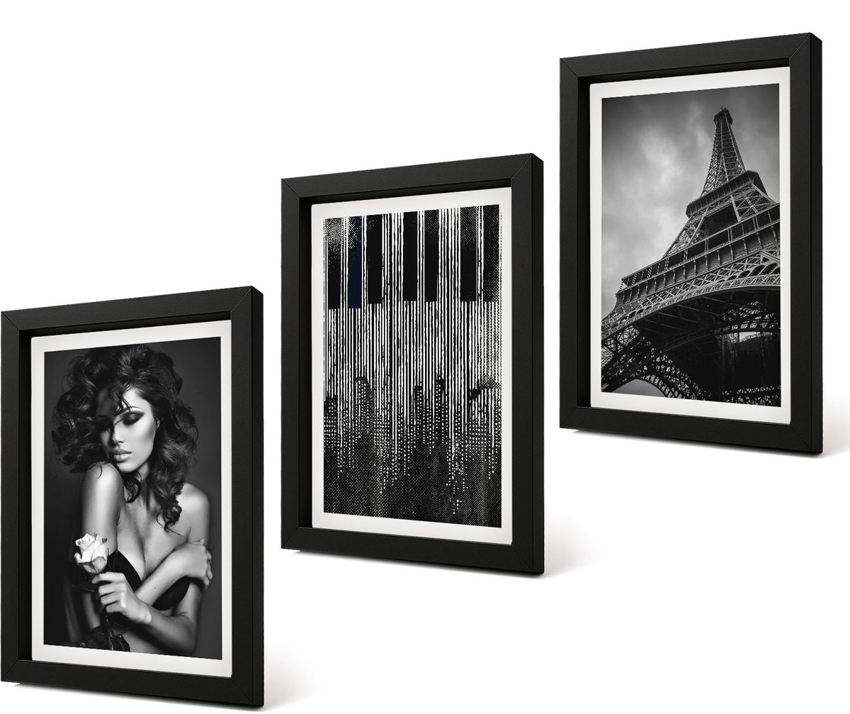 Coloray 4-Delige Schilderij Set - Portret van een vrouw met een roos, de Eiffeltoren en een pianopatroon - 20 x 30 cm - Schilderijen Set - Wanddecoratie - Woonkamer - Woonkamer Decoratie