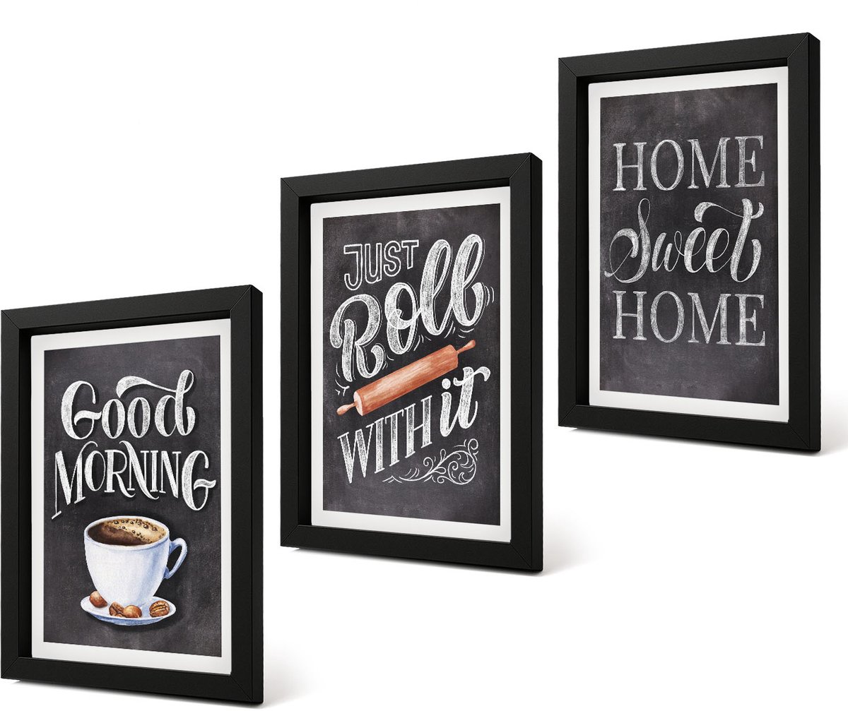 Coloray 4-Delige Schilderij Set - Home Keuken Motieven Schoolbord Lettering - 20 x 30 cm - Wanddecoratie - Schilderijen Set - Kantoor - Stijlvolle Muurdecoratie