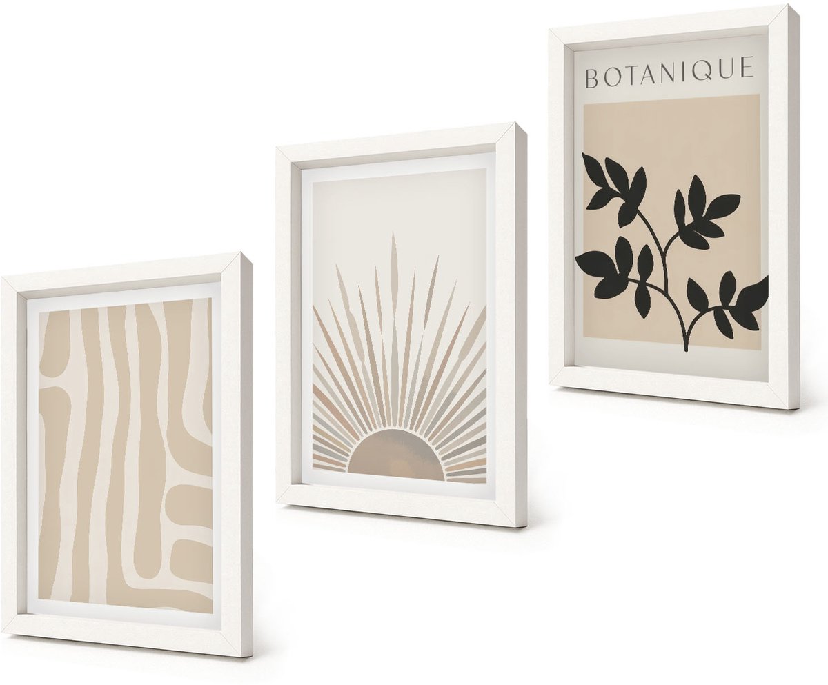 Coloray 3-Delige Schilderij Set - Abstracte patronen met plantenaccenten in neutrale tinten. - 20x30 - Wanddecoratie - Moderne Interieurdecoratie - Moderne Wanddecoratie