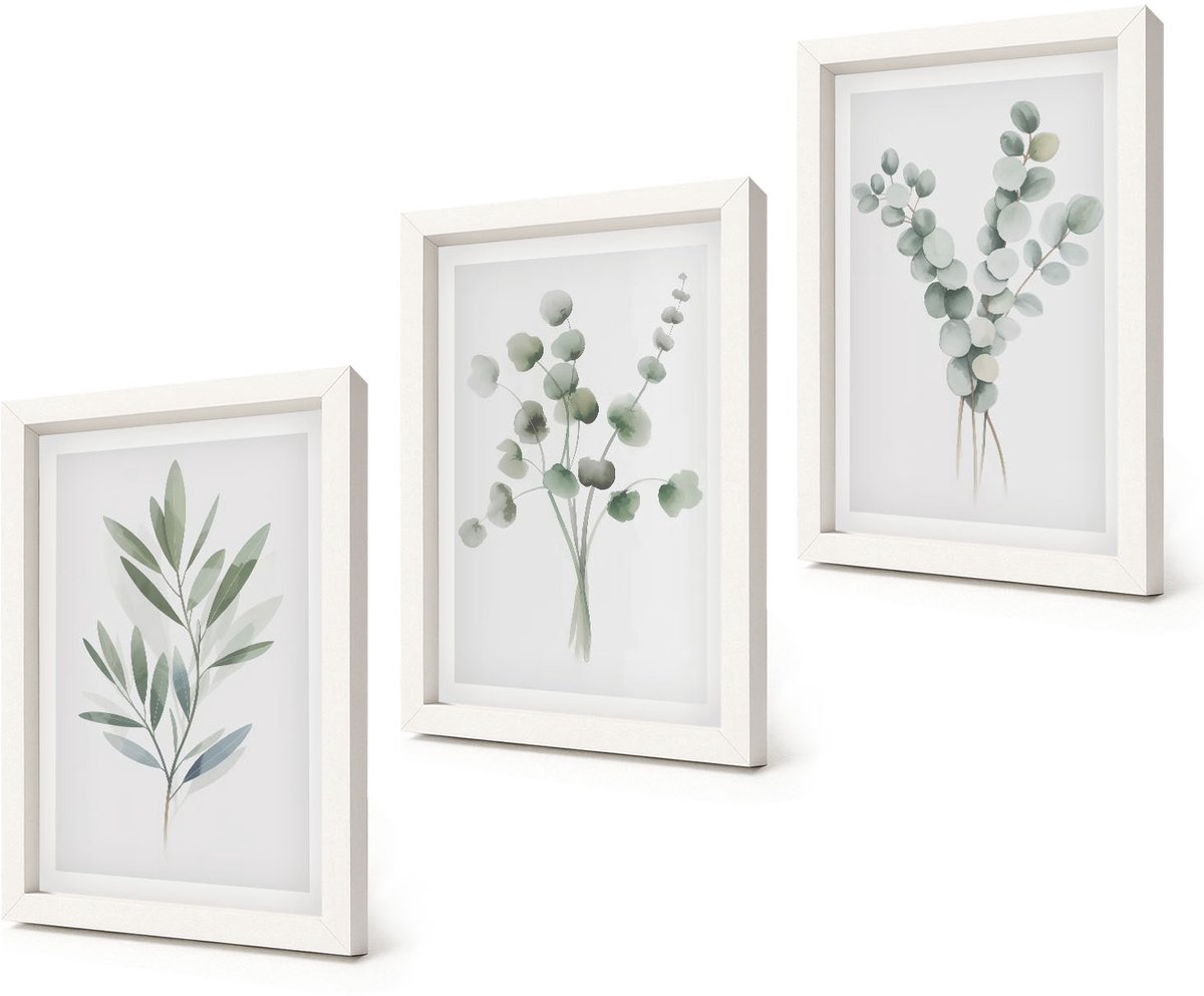 Coloray 3-Delige Schilderij Set - Plantenpatronen in tinten groen en grijs - 20x30 - Muurdecoratie - Interieur Decoratie