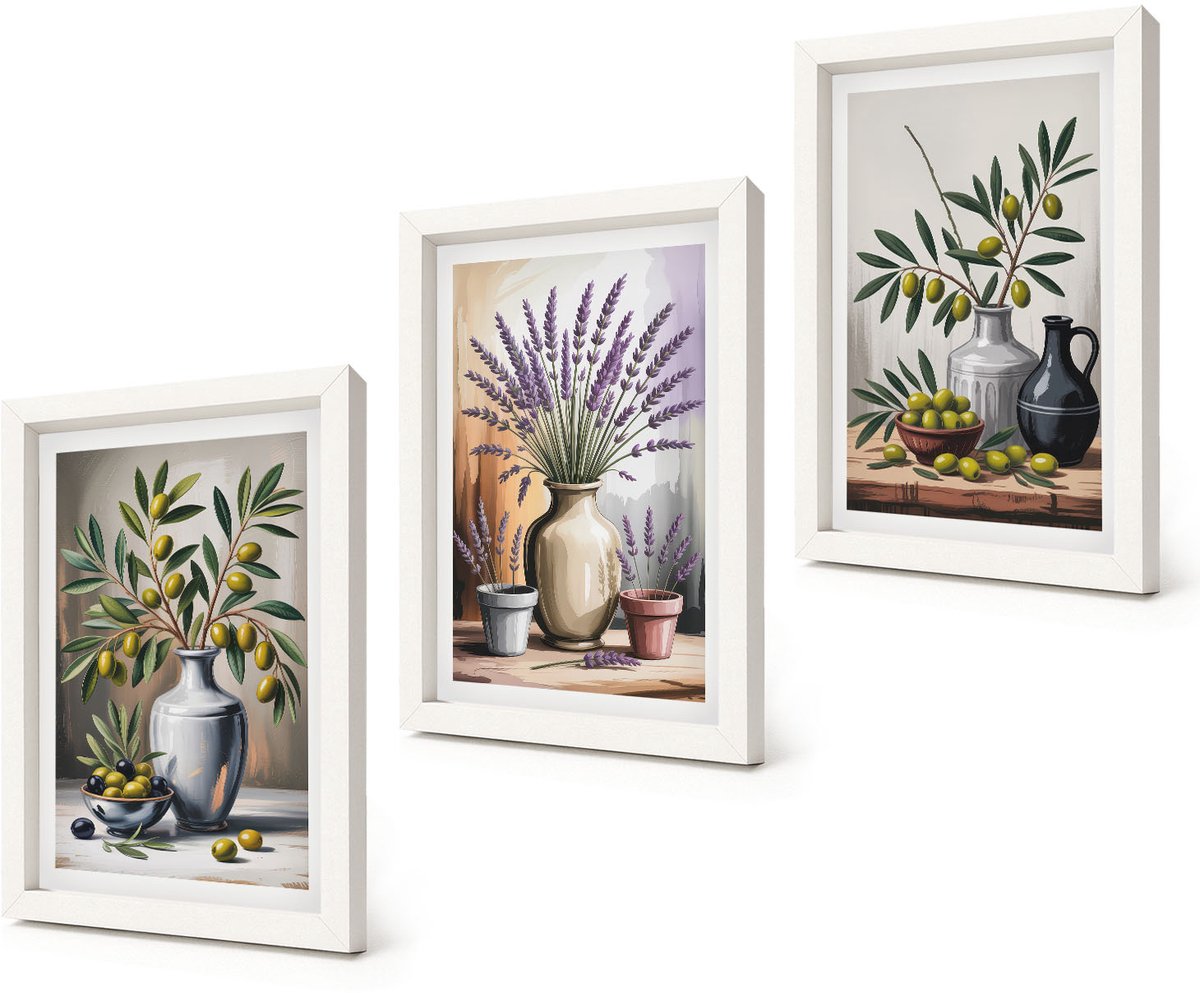 Coloray 3-Delige Schilderij Set - Bloemen en olijven in vazen ​​op een lichte achtergrond - 20x30 - Muurdecoratie - Decoratieve Schilderijen - Wohnzimmer - Woonkamer Decoratie