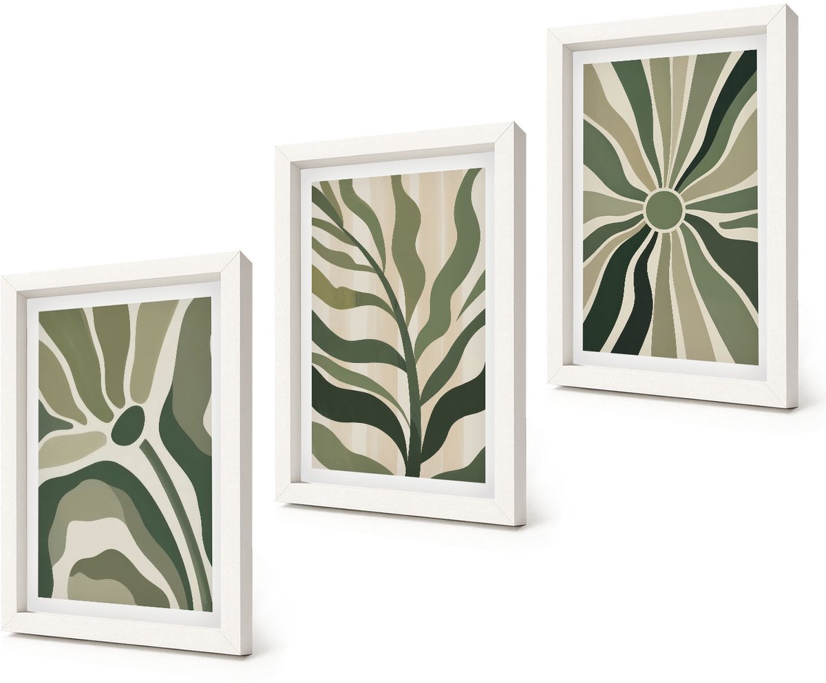 Coloray 3-Delige Schilderij Set - Plantenpatronen in tinten groen en beige - 20x30 - Stijlvolle Muurdecoratie - Kantoor - Wanddecoratie