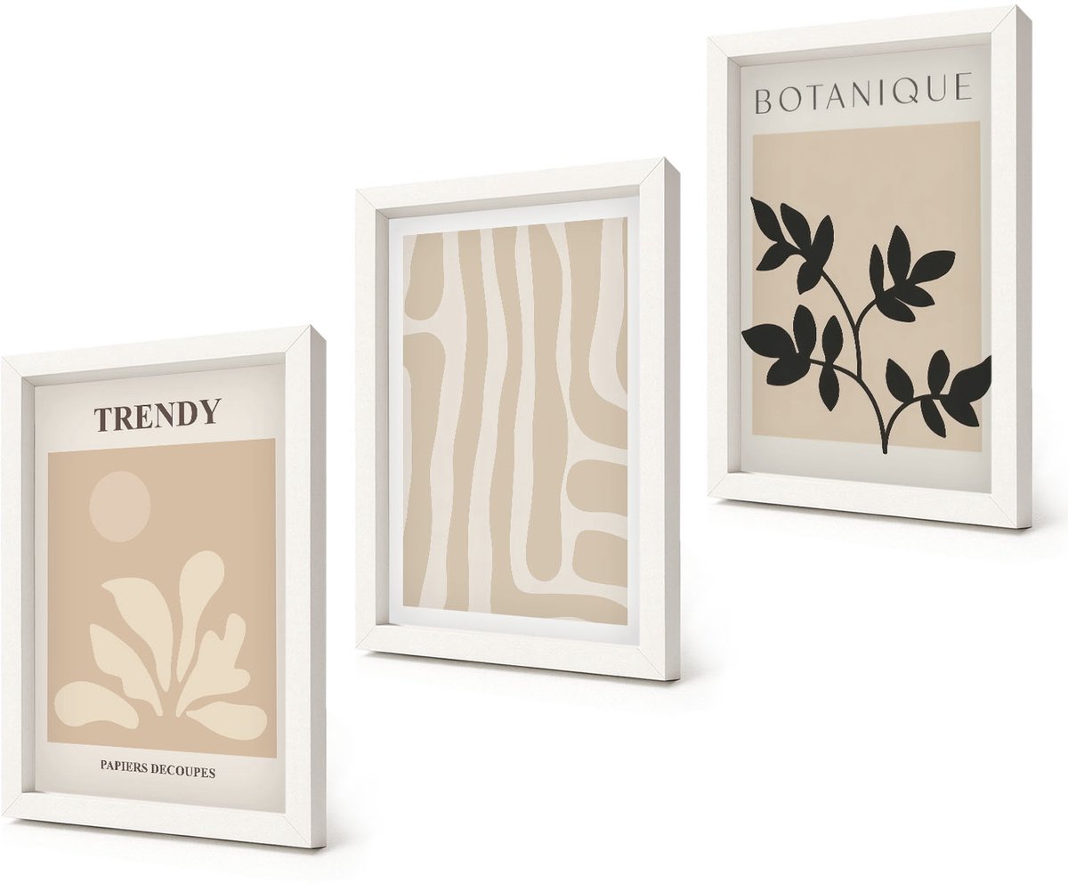 Coloray 3-Delige Schilderij Set - Stijlvolle plantenpatronen in beige en zwarte tinten. - 20x30 - Moderne Wanddecoratie - Slaapkamer - Muurdecoratie