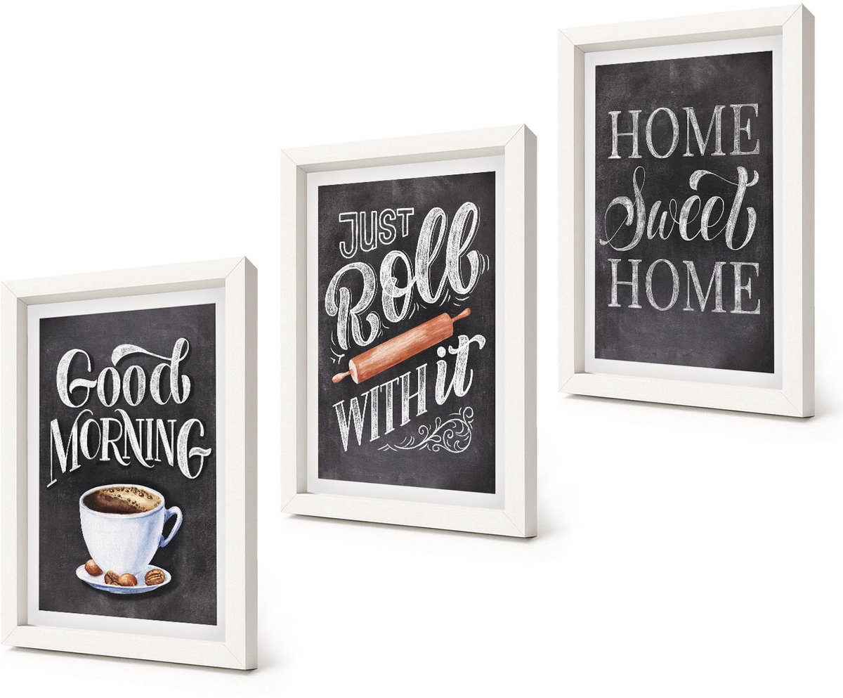 Coloray 3-Delige Schilderij Set - Home Keuken Motieven Schoolbord Lettering - 20x30 - Wanddecoratie - Schilderijen Set - Kantoor