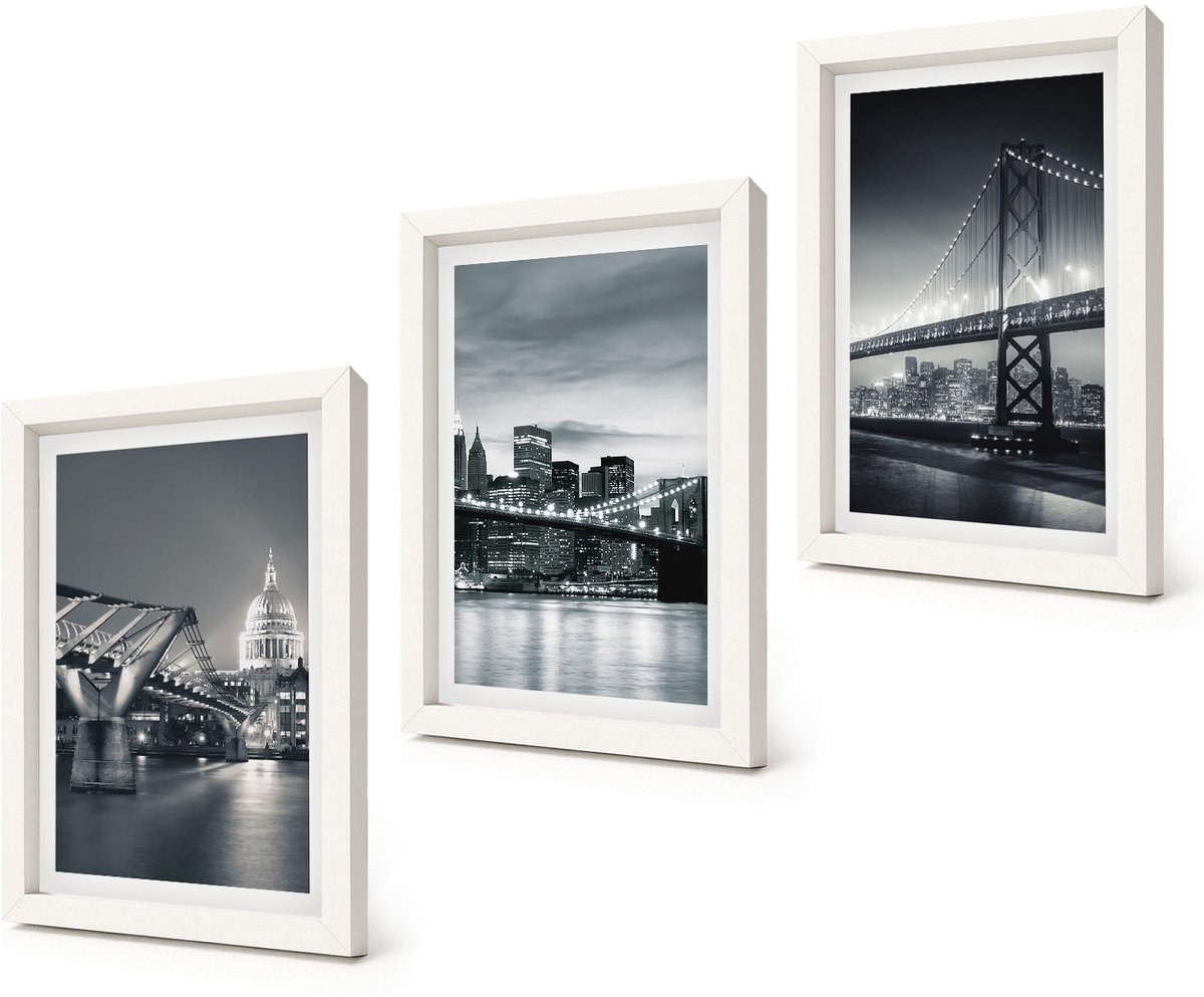 Coloray 3-Delige Schilderij Set - Bruggen en stedelijke architectuur in grijstinten - 20x30 - Decoratieve Muurdecoratie - Slaapkamer - Wanddecoratie