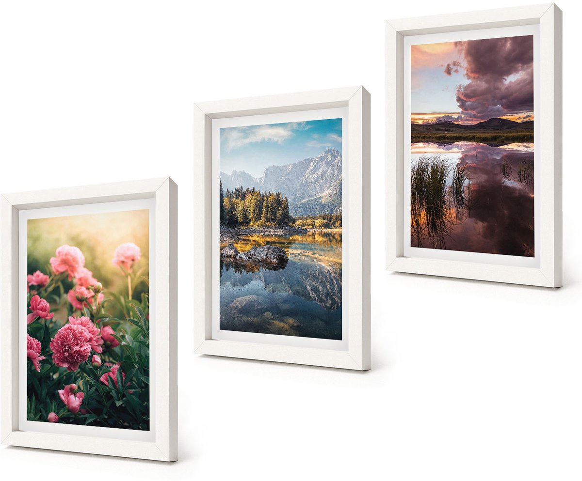 Coloray 3-Delige Schilderij Set - Bloemen in de tuin, bergen en een kalm wateroppervlak. - 20x30 - Moderne Wanddecoratie - Slaapkamer - Interieur Decoratie
