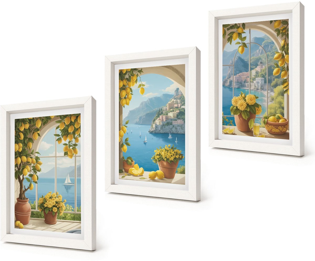 Coloray 3-Delige Schilderij Set - Zeegezichten met Italiaanse citroenen in de ramen. - 20x30 - Stijlvolle Muurdecoratie - Slaapkamer - Moderne Wanddecoratie