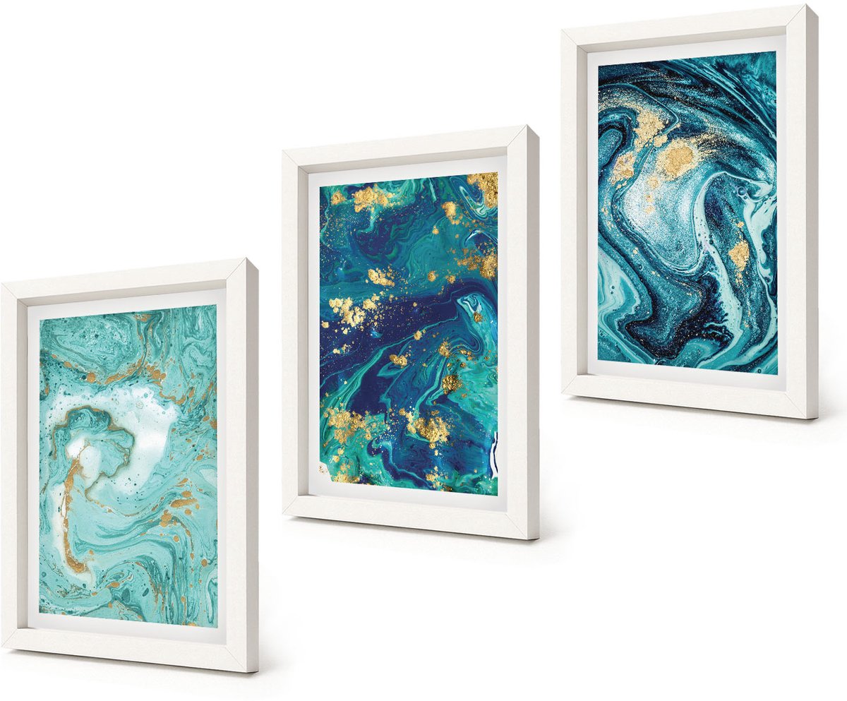Coloray 3-Delige Schilderij Set - Turquoise abstractie van gemorste verf - 20x30 - Stijlvolle Wanddecoratie - Interieur - Woonkamer Decoratie