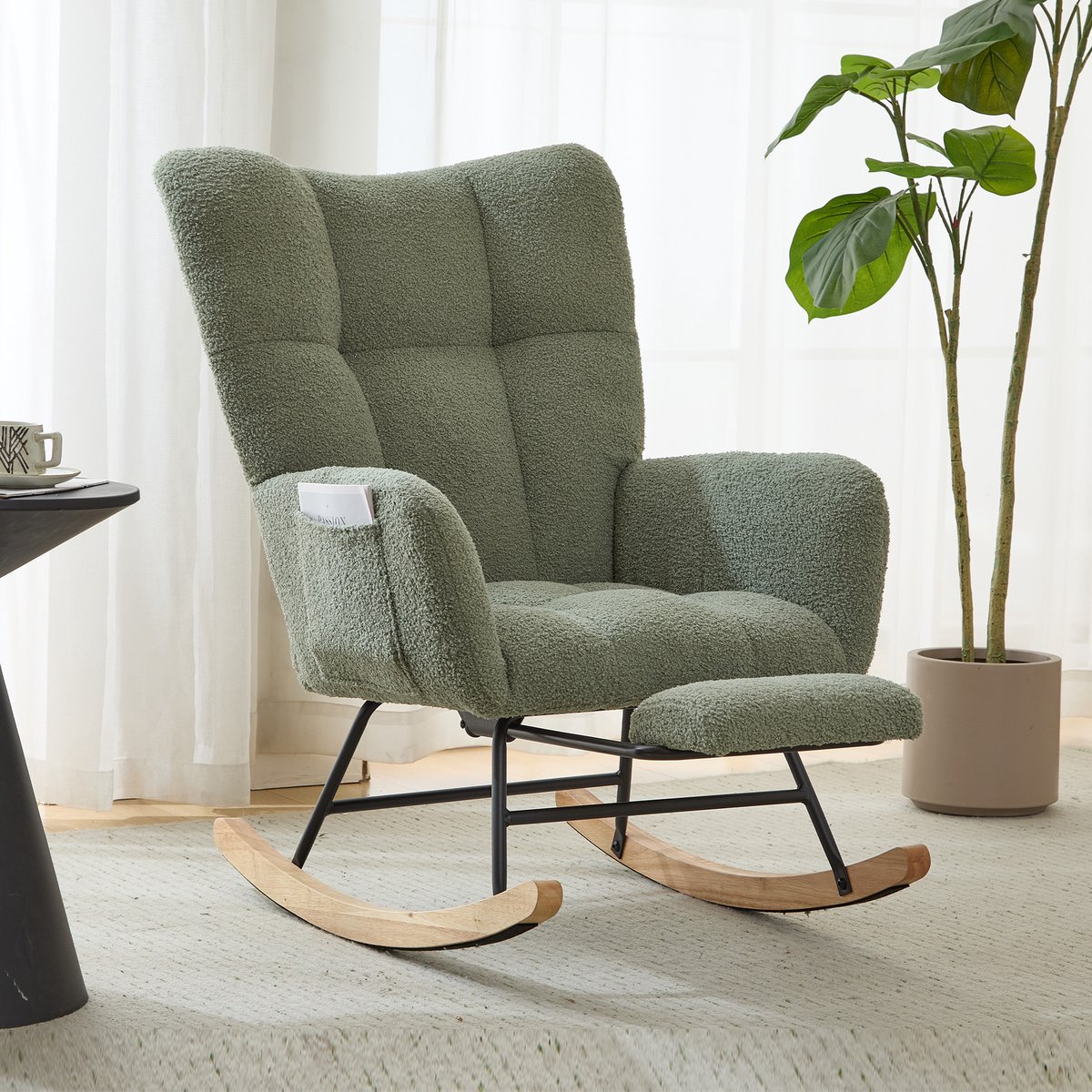 Scandinavische Teddy Schommelstoel met Voetenbank - Relaxstoel Combinatie - Ergonomische Rugleuning - Beensteun Ontwerp - Zachte Teddy Stof Fauteuil - Voor Lezen en Ontspannen-Groen