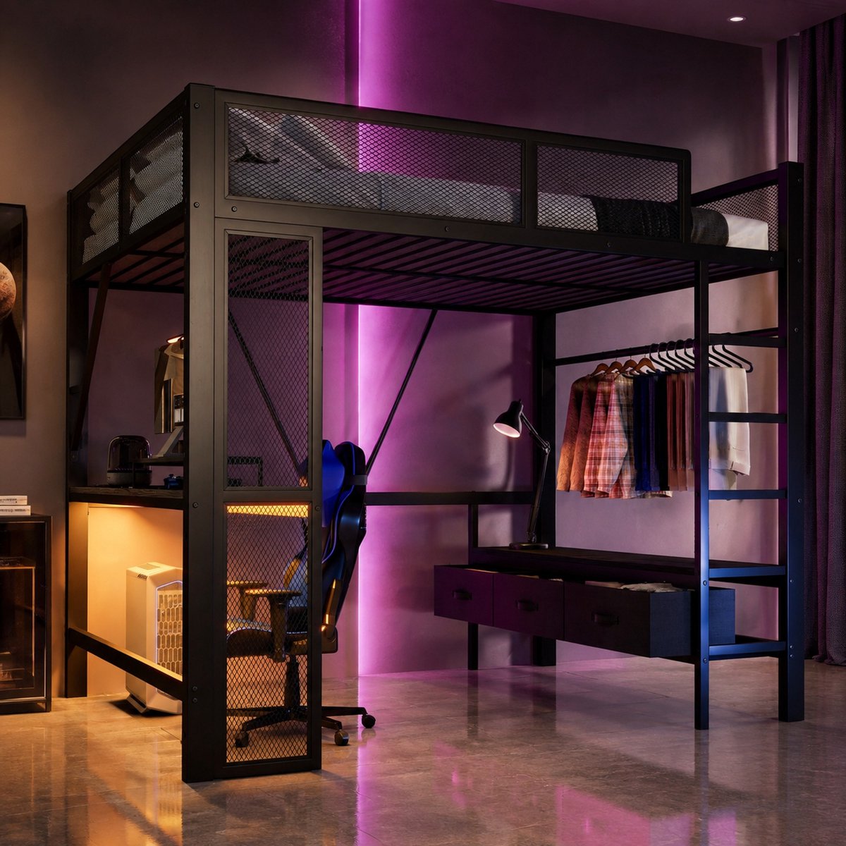 REDOM- Hoogslaper - Met bureau - Met opbergruimte - Met lades - Met ladder - Met USB - Met LED-lichtstrip - Metaal en MDF - Zwart - 140 x 200 cm