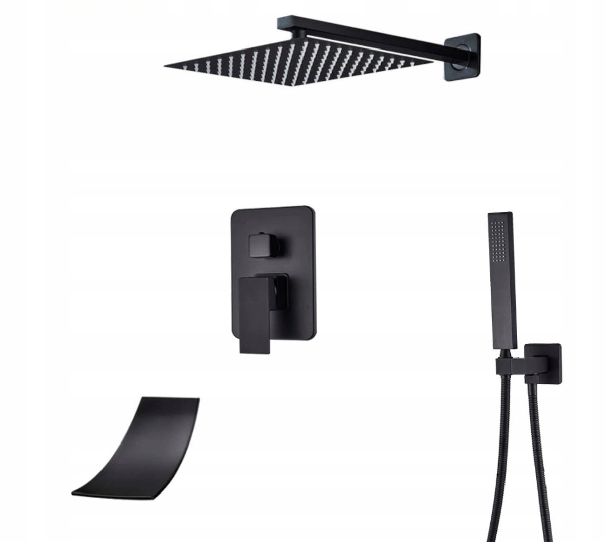 Zwart Mat Inbouwkraan Set met Waterval Uitloop & Douche 25cm