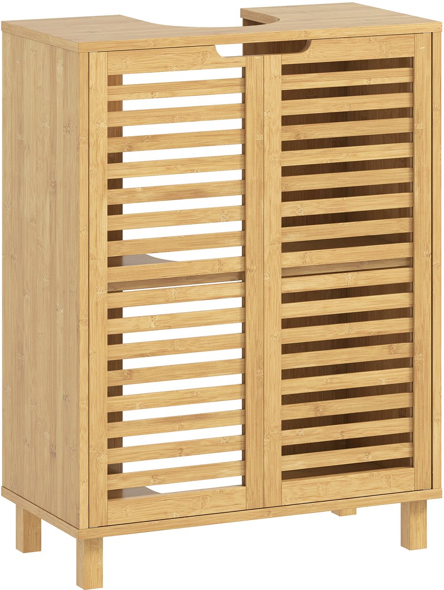 Wastafelonderkasten met Verstelbare Plank & Ventilerende Dubbele Deuren – 60 x 30 x 80 cm – Bamboe – Natuurlijk hout