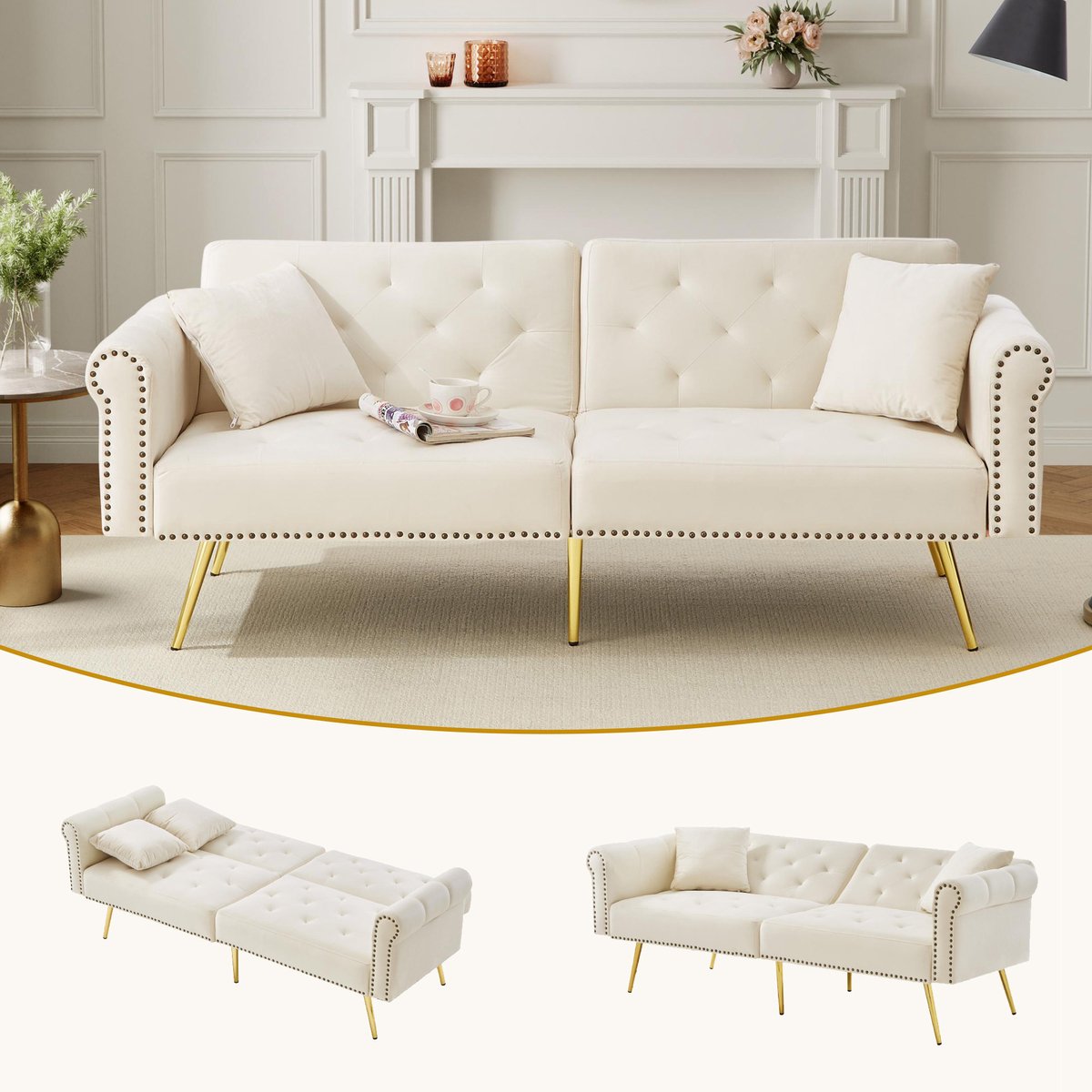 2-zits slaapsofa met onafhankelijk verstelbare rugleuningen - voor kleine ruimtes - 2 personen - diverse kleuren - fluwelen bekleding - gouden metalen poten - incl. 2 kussens