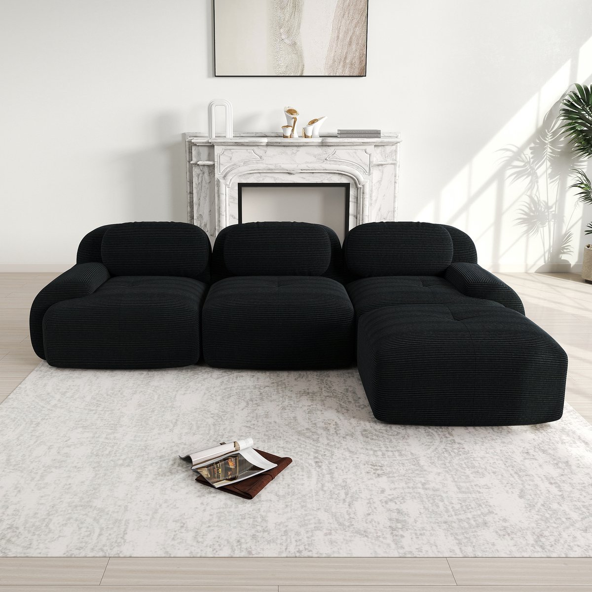 Modulaire frameloze corduroy hoekbankmodule - voor woonkamer en slaapkamer - 1-2 personen - zwart - gebogen armleuningen - 32D hoogelastisch schuim - geen montage nodig