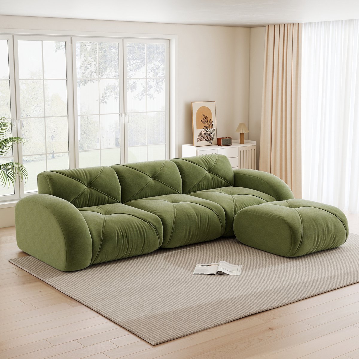 L-vormige modulaire bank met voetensteun - Geschikt voor woonkamer - 3-zits - Groen - Zachte chenille, geen montage - Antislip ontwerp, 32D schuim - Tot 200 kg per zit