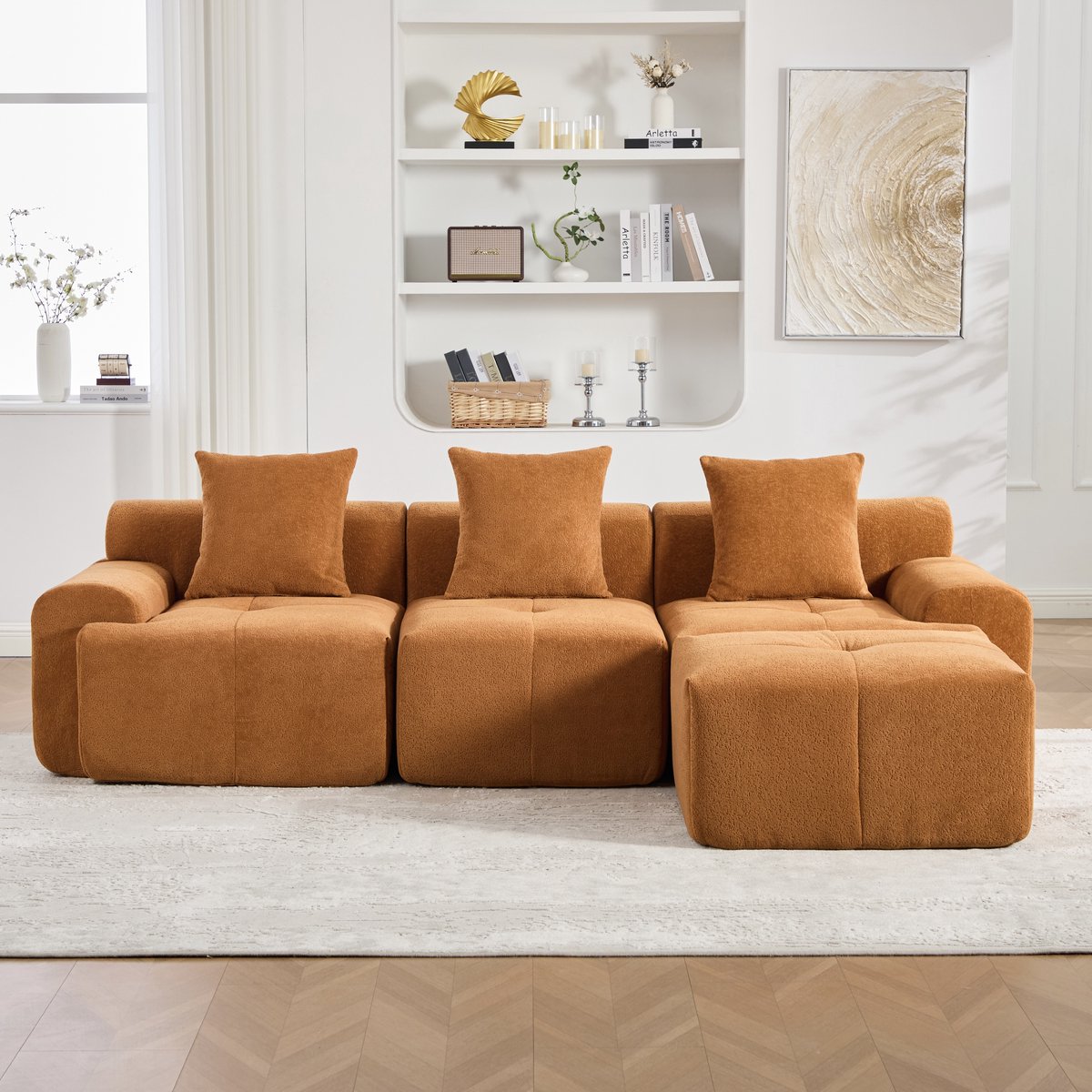 Modulaire L-vormige bank 3-zits - Modern design voor woonkamer en gezin - 268×102×78 cm - Oranje - Memory traagschuim vulling en ribfluweel bekleding - Modulair en geen montage nodig - Compressieverpakt