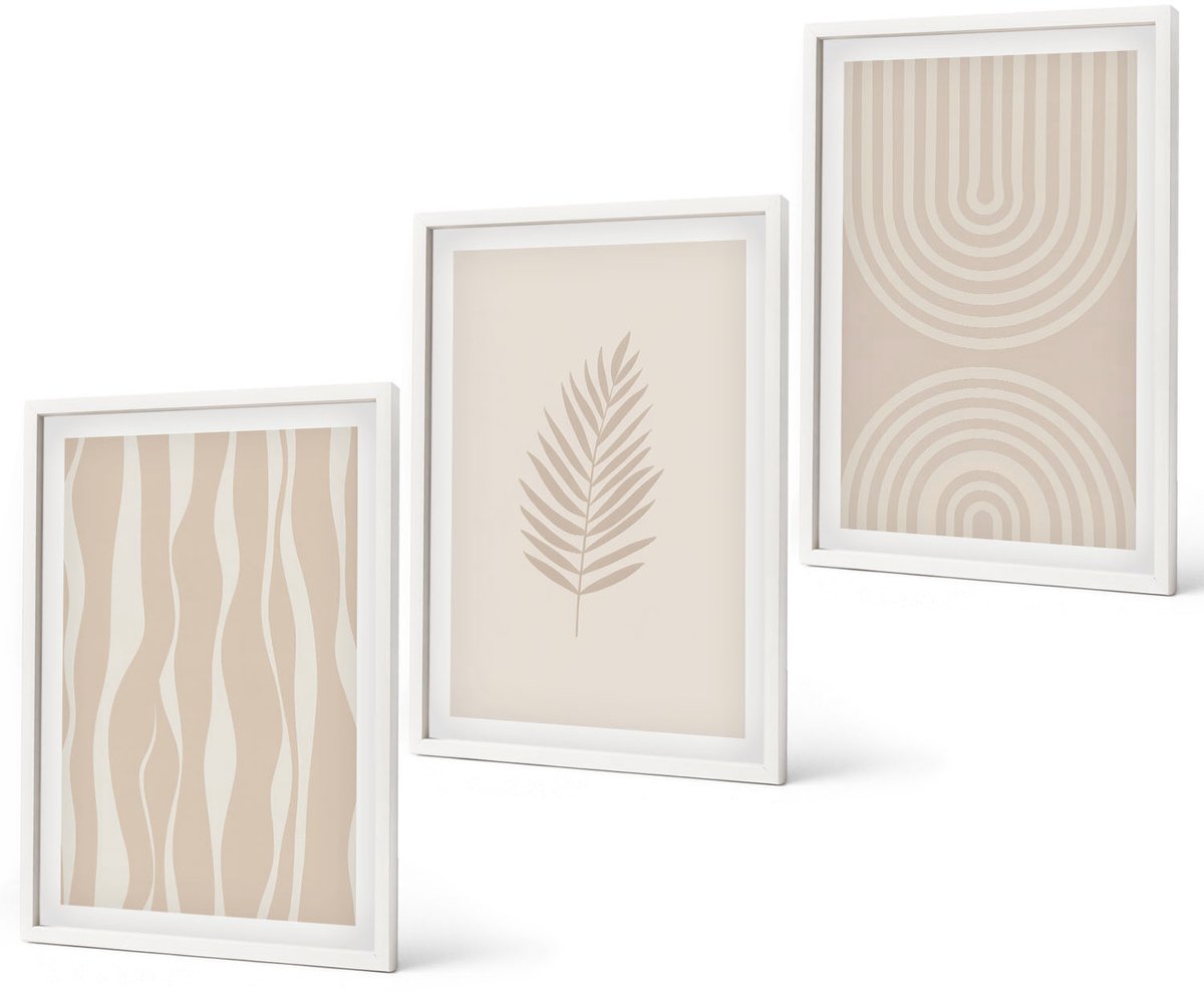 Coloray 3-Delige Schilderij Set - Patronen In Beigetinten Met Plantmotieven - 40 x 60 - Muurdecoratie - Schilderijen Set - Woonkamer - Wanddecoratie