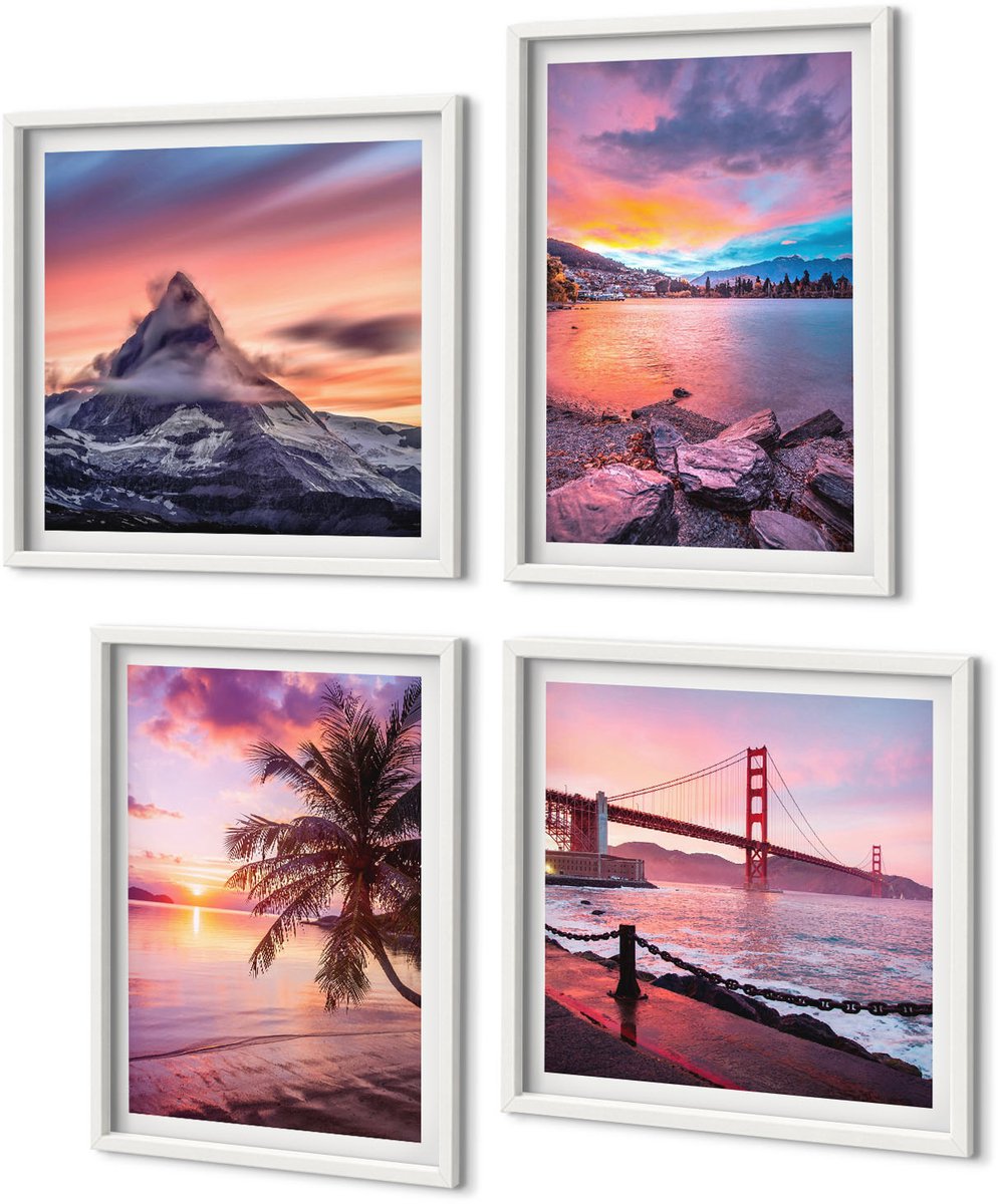 Coloray 4-Delige Schilderij Set - Zonsondergangen Boven De Brug En Het Waterlandschap - 40 x 40 En 40 x 60 - Decoratieve Muurdecoratie - Slaapkamer - Stijlvolle Muurdecoratie