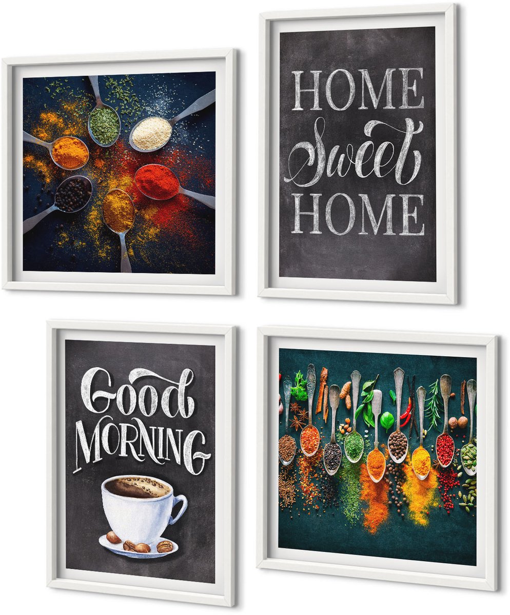 Coloray 4-Delige Schilderij Set - Kruidenkoffie Met Een Kopje, Keukenkruiden, Specerijen - 40 x 40 En 40 x 60 - Wanddecoratie - Moderne Interieurdecoratie