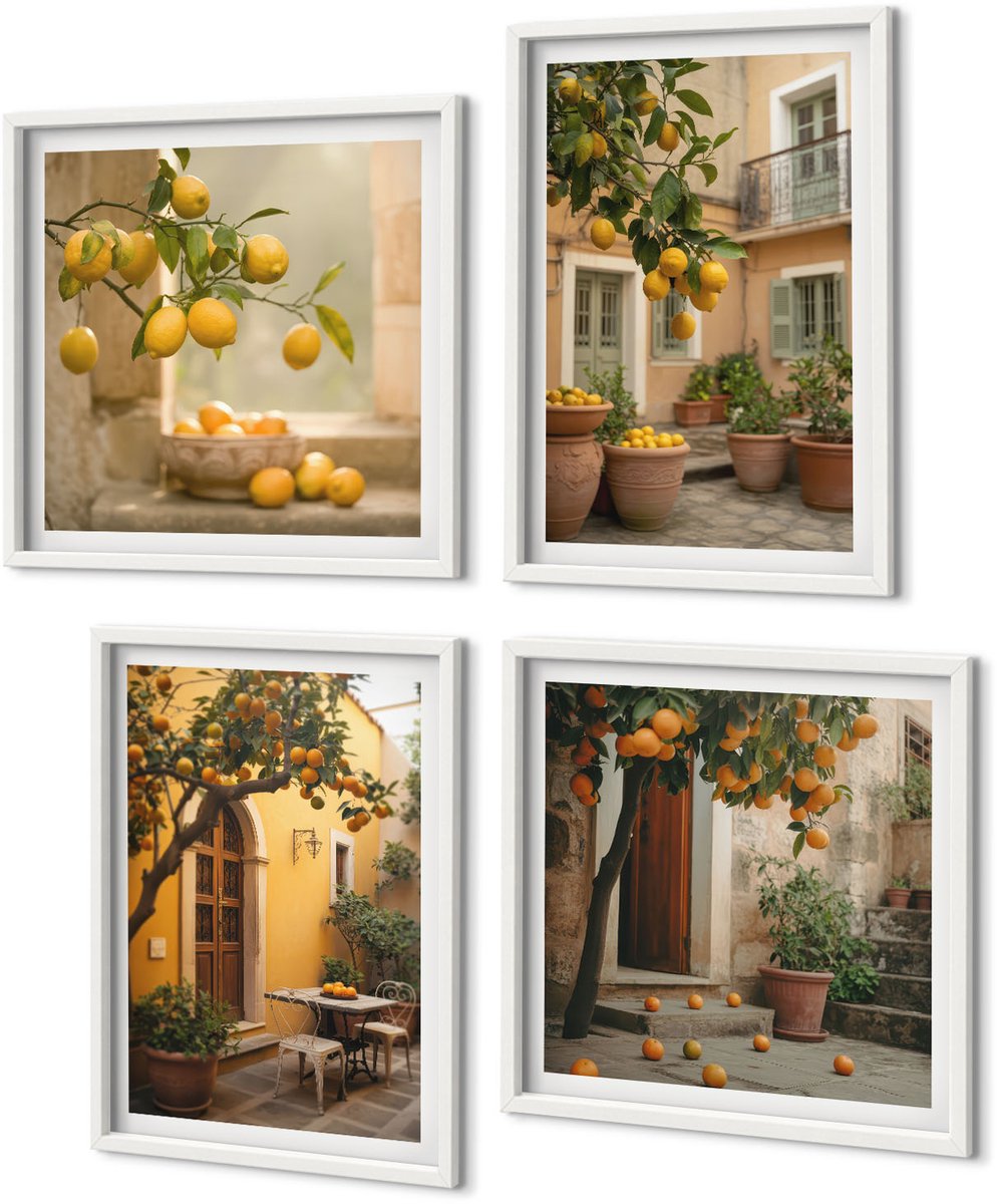 Coloray 4-Delige Schilderij Set - Tuin Met Citrusbomen Op Een Zonnige Locatie - 40 x 40 En 40 x 60 - Wanddecoratie - Muurdecoratie - Woonkamer - Woonkamer Decoratie