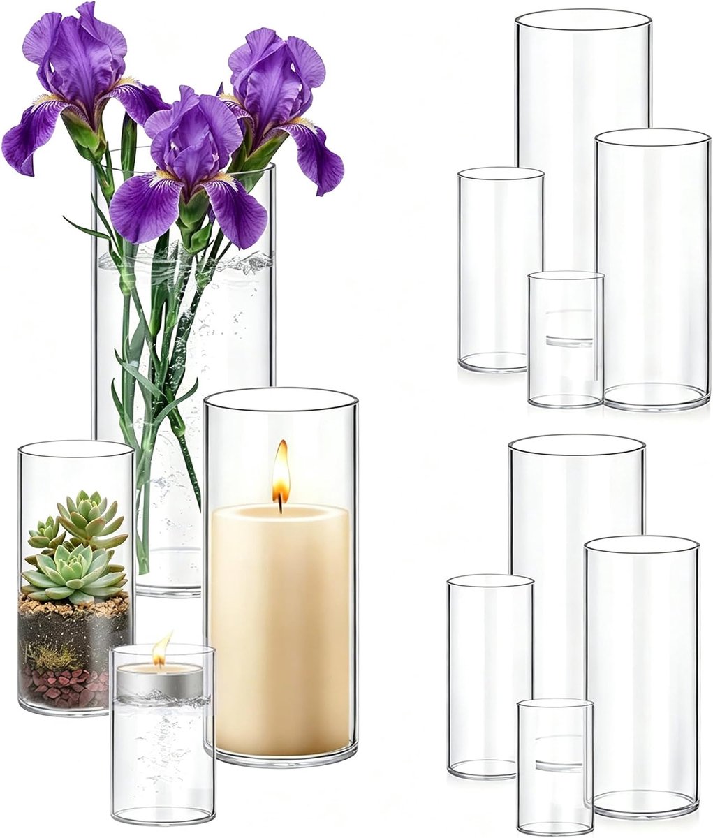 Set van 8 cilindervazen van borosilicaatglas, transparante glazen vazen voor bloemen en kaarsen, modern design voor - ShopVlot