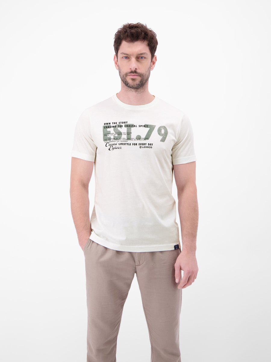 LERROS T-shirt van katoen met print op de borst , Maat: M , Kleur: BROKEN WHITE , 100% katoen