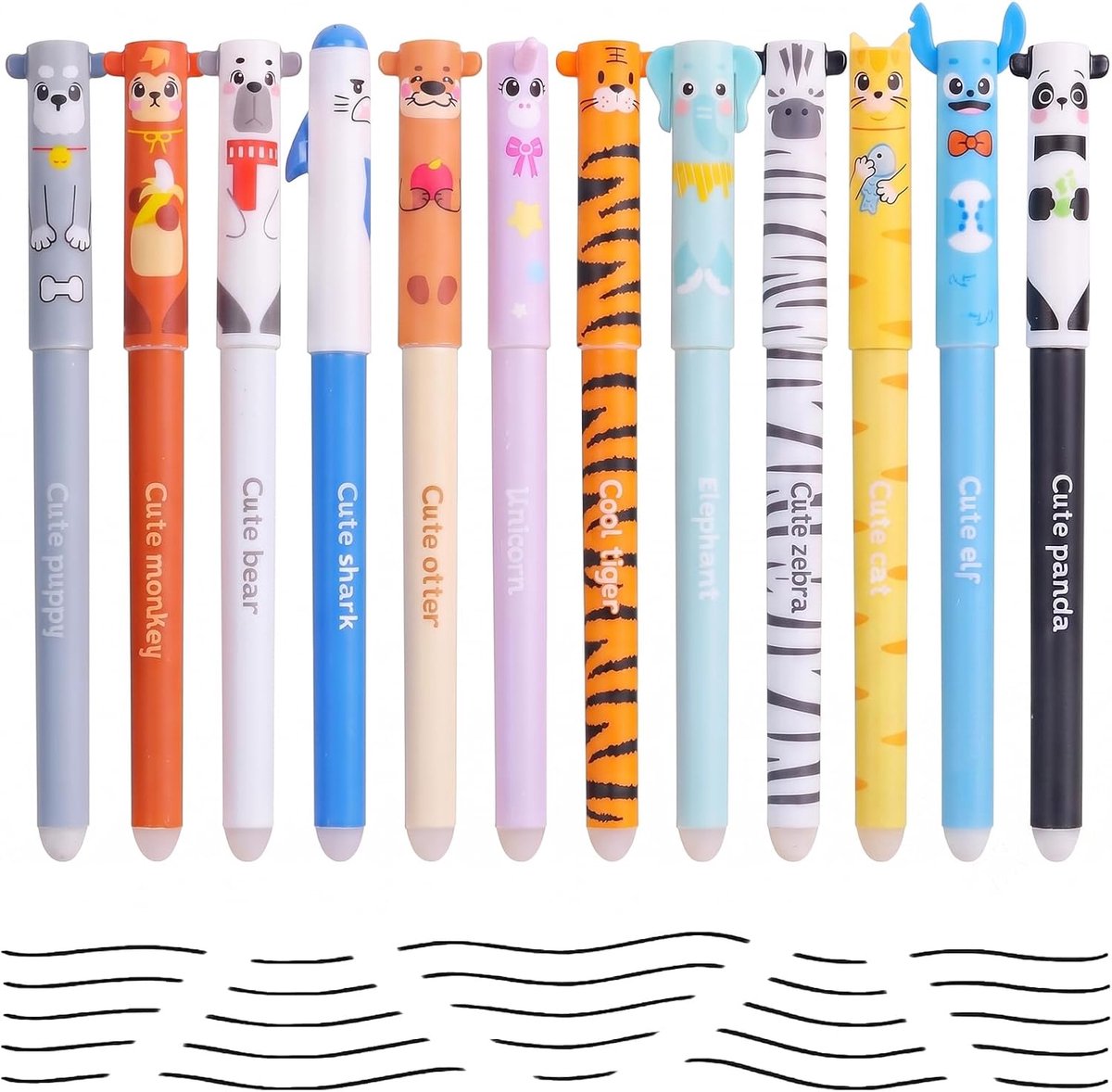 Set van 12 uitwisbare gelpennen voor kinderen, schattige dierenpennen, 0,7 mm zwarte inkt, ideaal voor school en als - ShopVlot