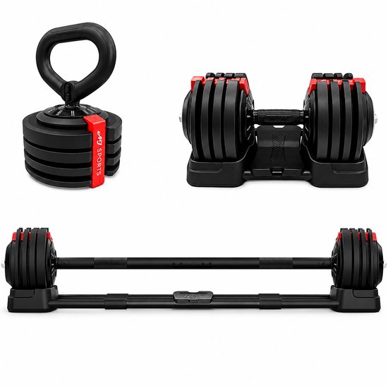 Verstelbare dumbbell met rode en zwarte gewichtsschijven op een zwarte basis, naast een dumbbellstang met gewichtsschijven en een losse stapel gewichtsschijven met rode band.