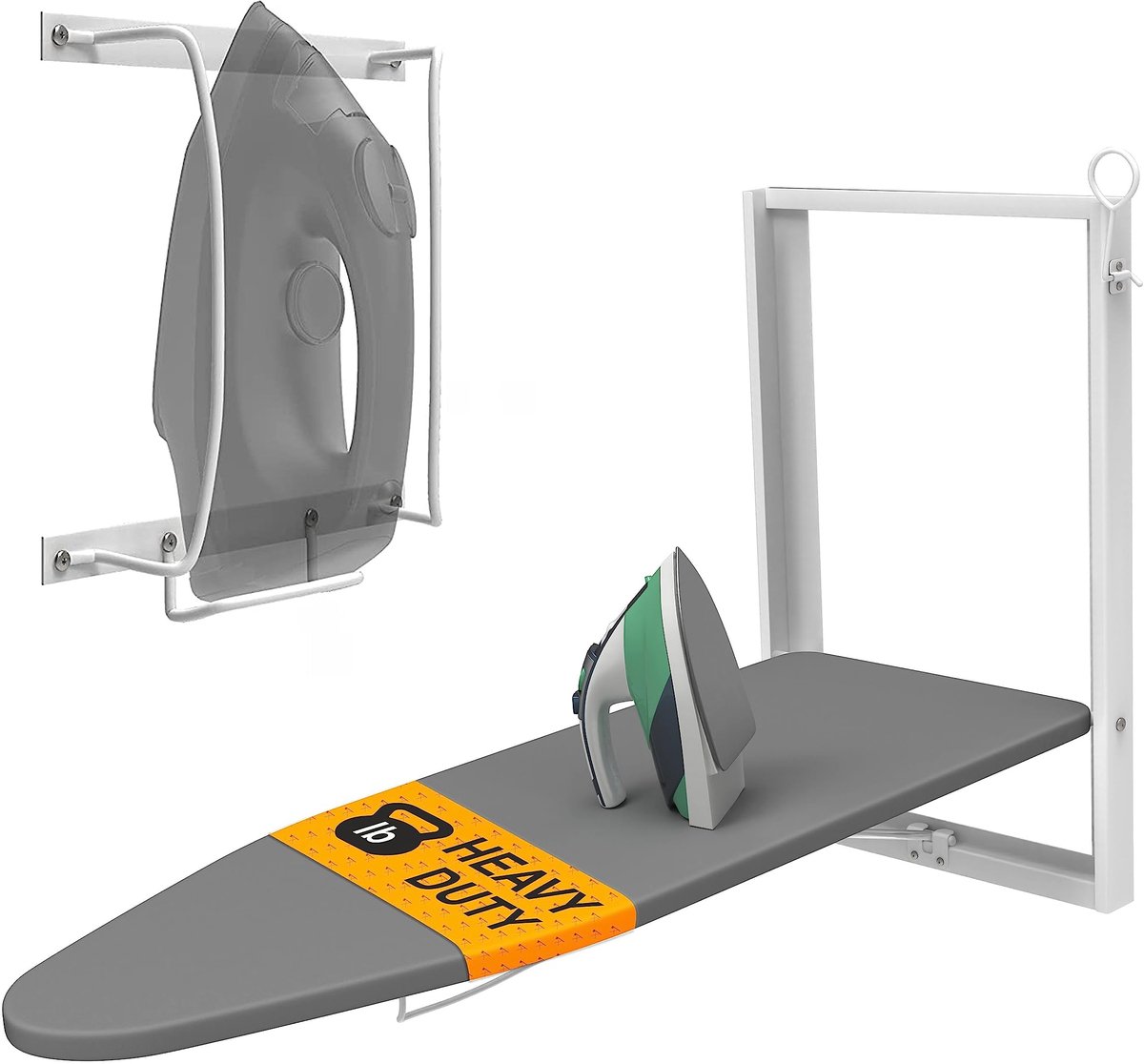 Famanu – Wandgemonteerde strijkplank met houder voor de strijkbout, compacte opvouwbare strijkplank van 91,9 x 31 cm, ruimtebesparend in wit en grijs