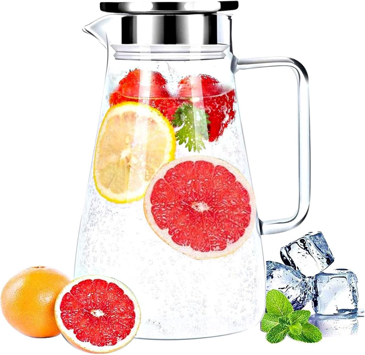 Waterjug - Transparant - 1800 ml - Hittebestendig Borosilicaatglas met RVS Deksel - Voor Thuis en Feest