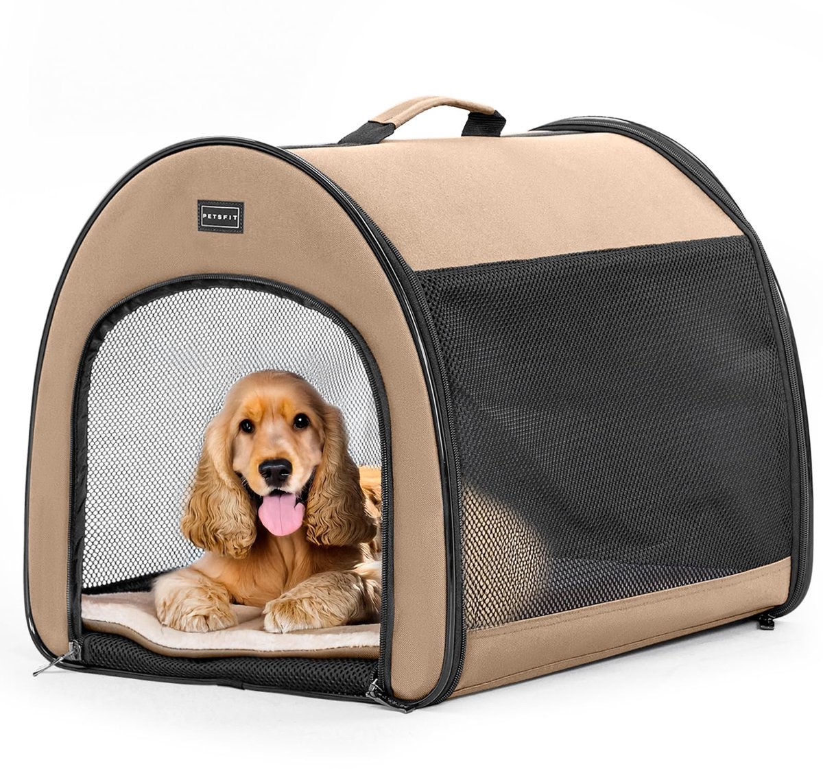 Famanu – Transportbox voor honden, gebogen ontwerp, geschikt voor middelgrote honden, katten en konijnen, licht en ademend met anti-open ritssluiting en pluche kussen, maat M, kleur kaki