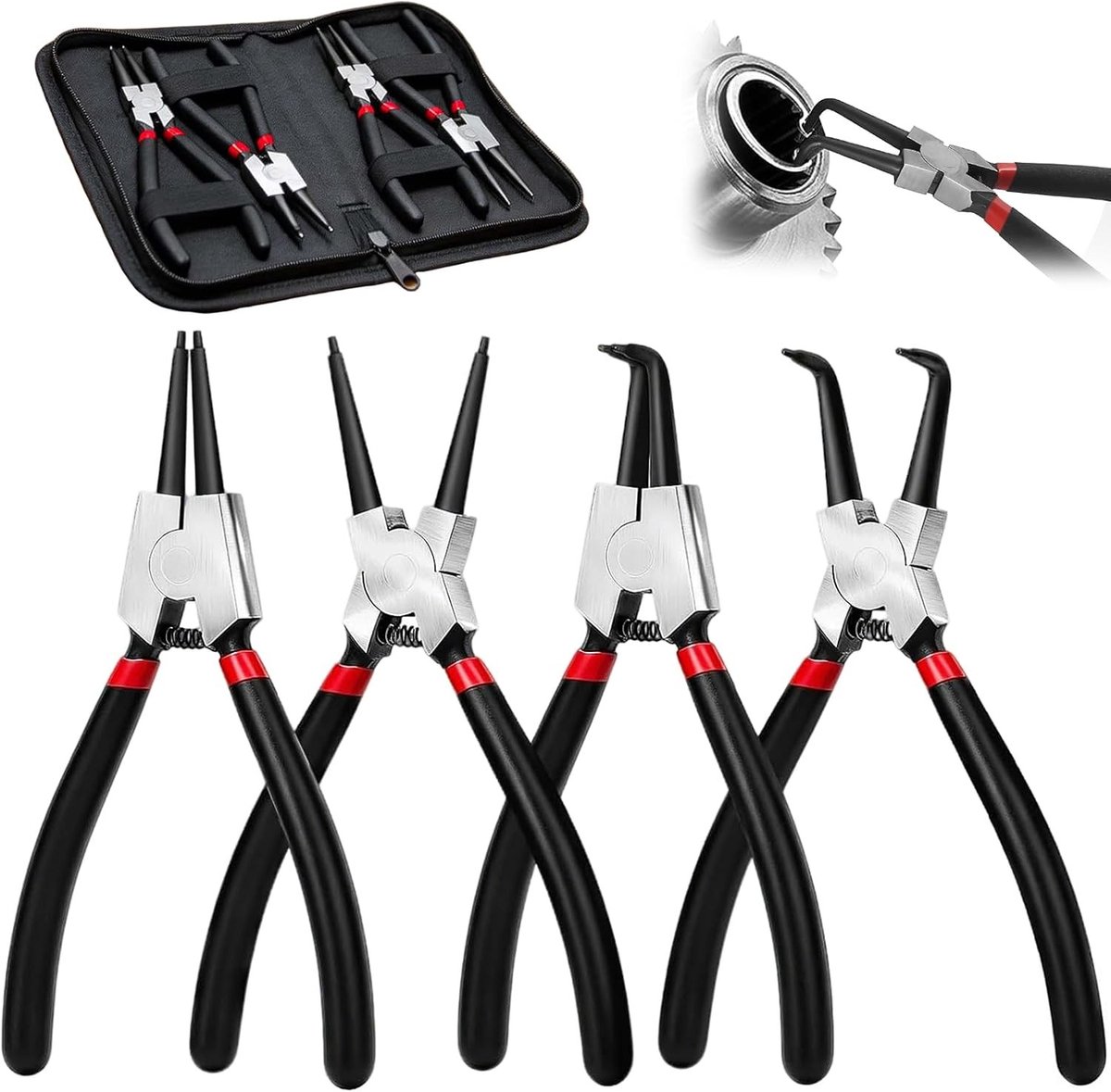 Set van 4 Borgringtangen - Zwart - 180 mm - Ringtangen met Antislip Handgrepen en Opbergtas - Voor Werkplaats en Reparaties