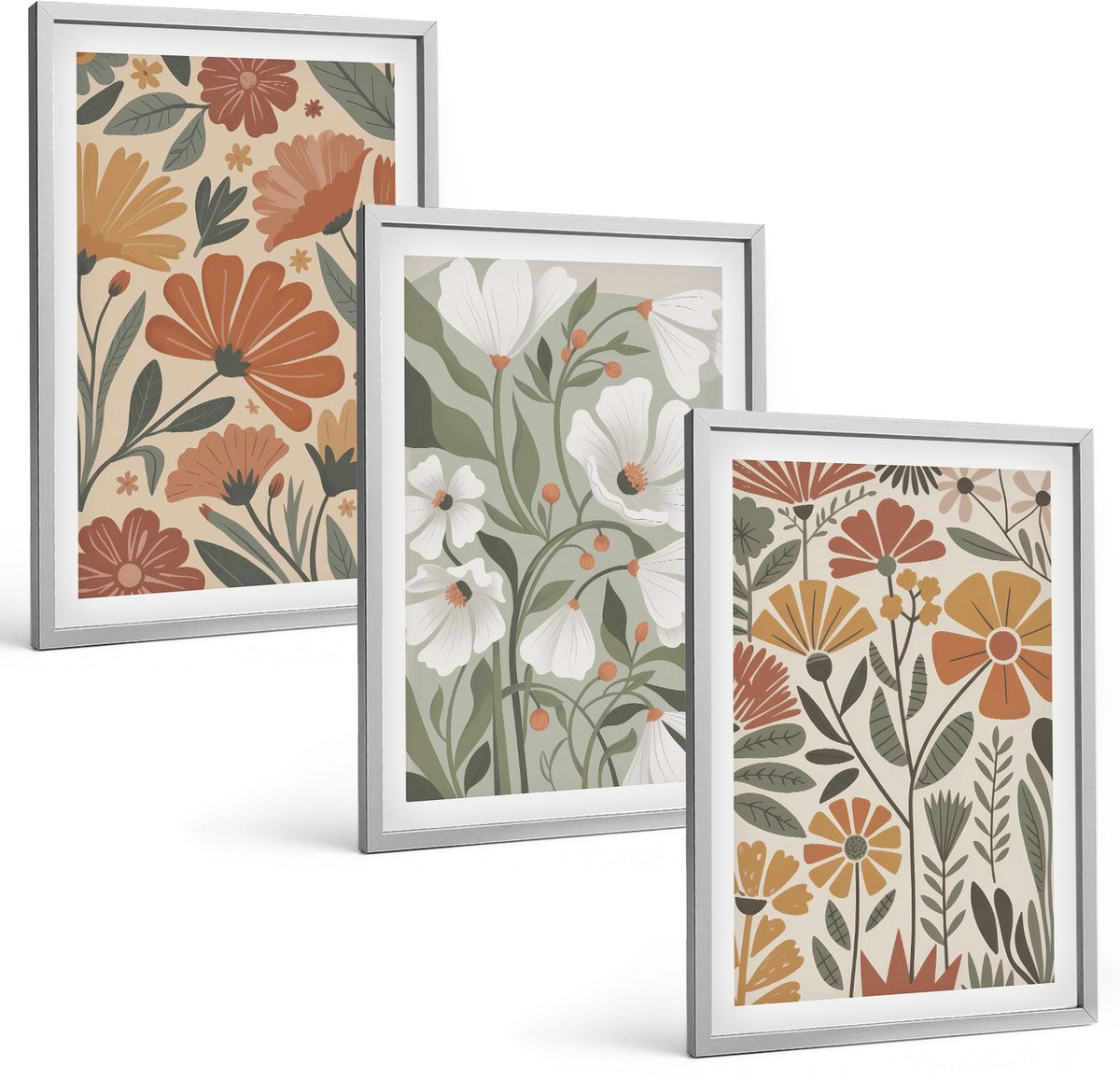 TULUP 4-Delige Schilderij Set - Bloemenpatronen in oranje en groene tinten. - 40 x 60 cm - Stijlvolle Muurdecoratie - Kantoor - Decoratieve Schilderijen Zilveren lijst