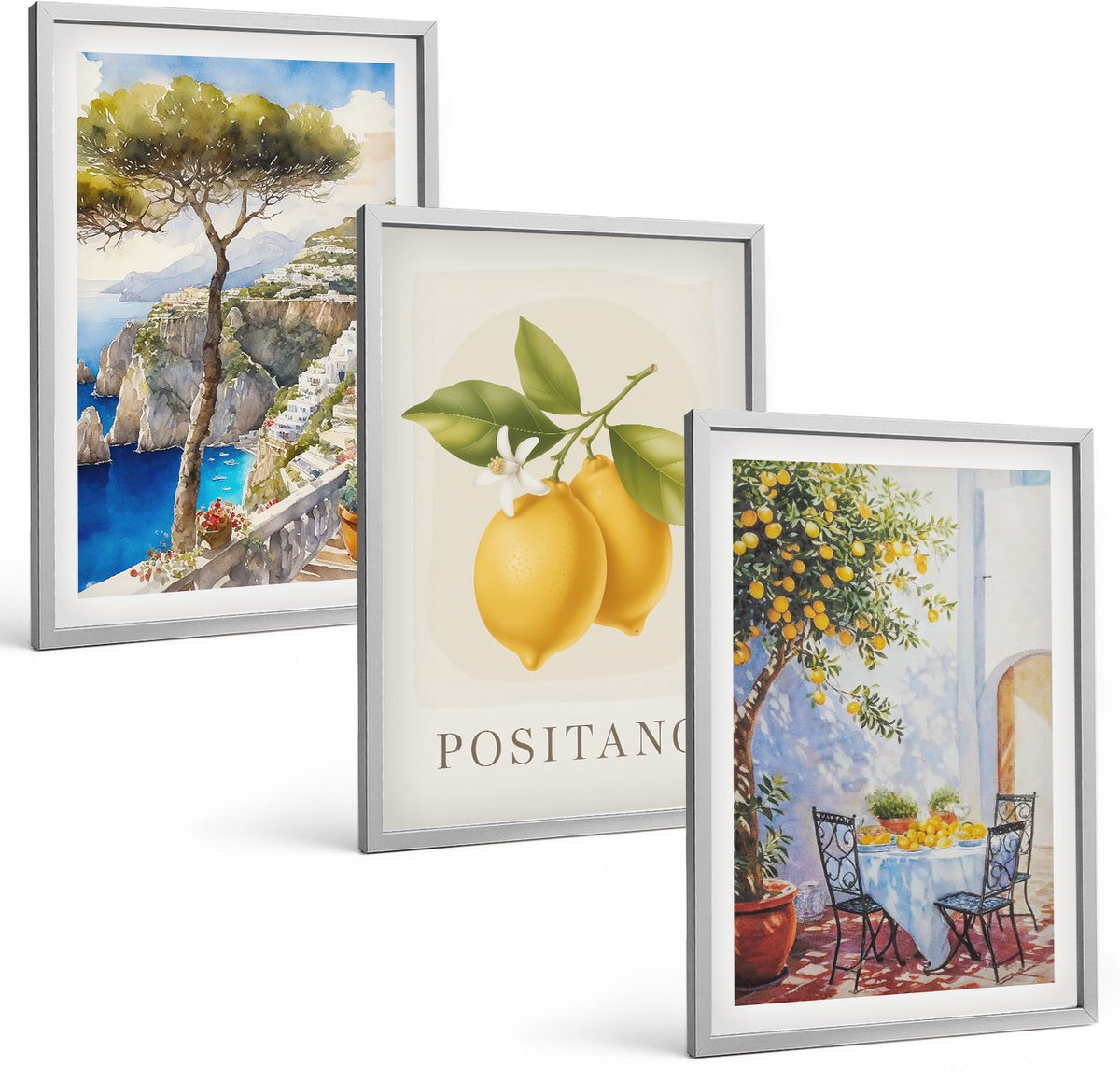 TULUP 4-Delige Schilderij Set - Uitzicht op Positano met bomen en citroenen in de zon. - 40 x 60 cm - Schilderijen Set - Wanddecoratie - Woonkamer - Stijlvolle Muurdecoratie Zilveren lijst