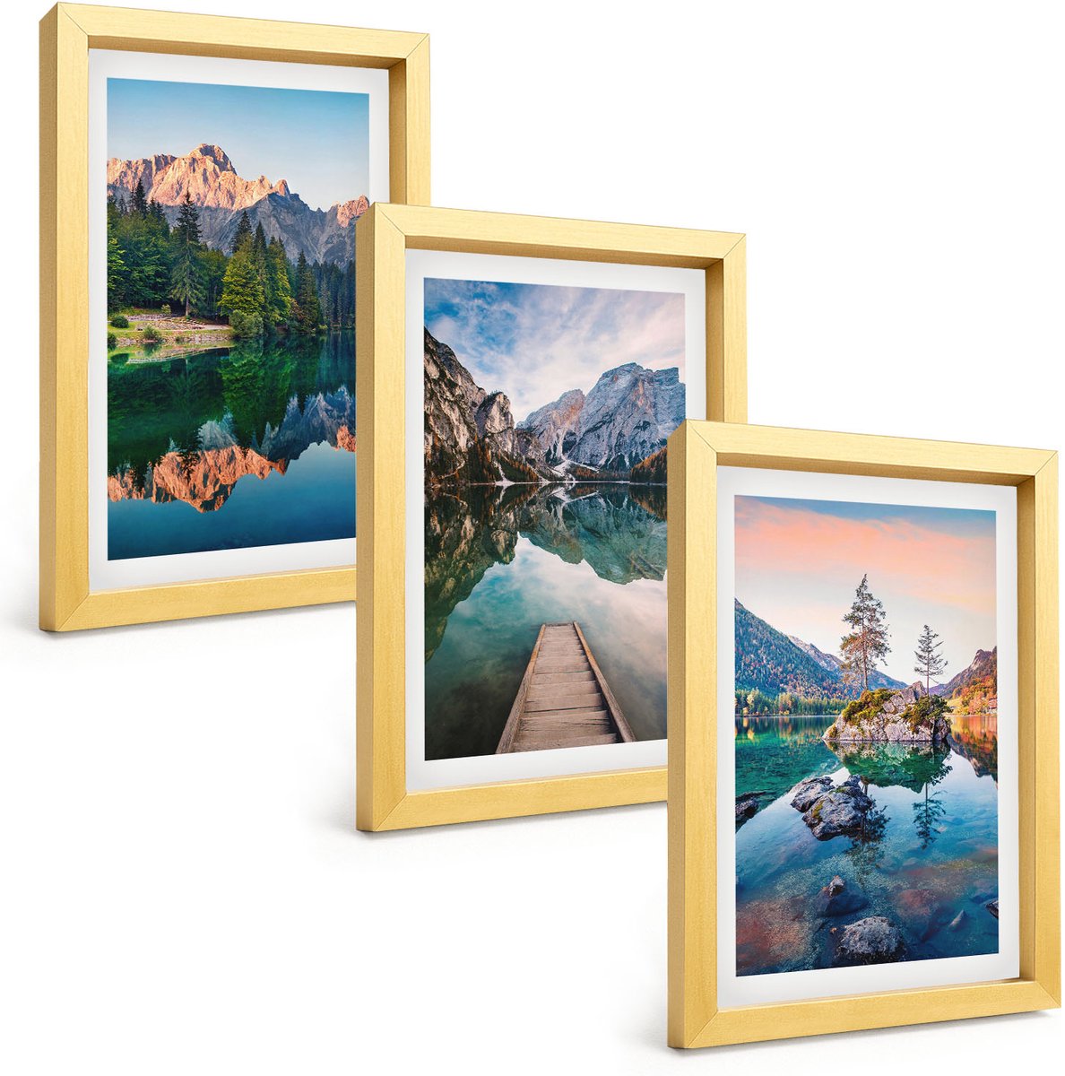 TULUP 4-Delige Schilderij Set - Bergmeren met weerspiegelingen in het water en het bos. - 20 x 30 cm - Wanddecoratie - Schilderijen Set - Kantoor - Interieur Decoratie Gouden lijst