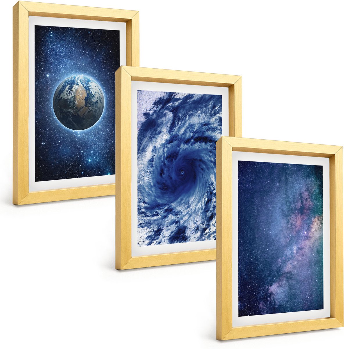 TULUP 4-Delige Schilderij Set - Aarde in een ruimtestorm en sterrenstelsel - 20 x 30 cm - Decoratieve Muurdecoratie - Slaapkamer - Moderne Wanddecoratie Gouden lijst