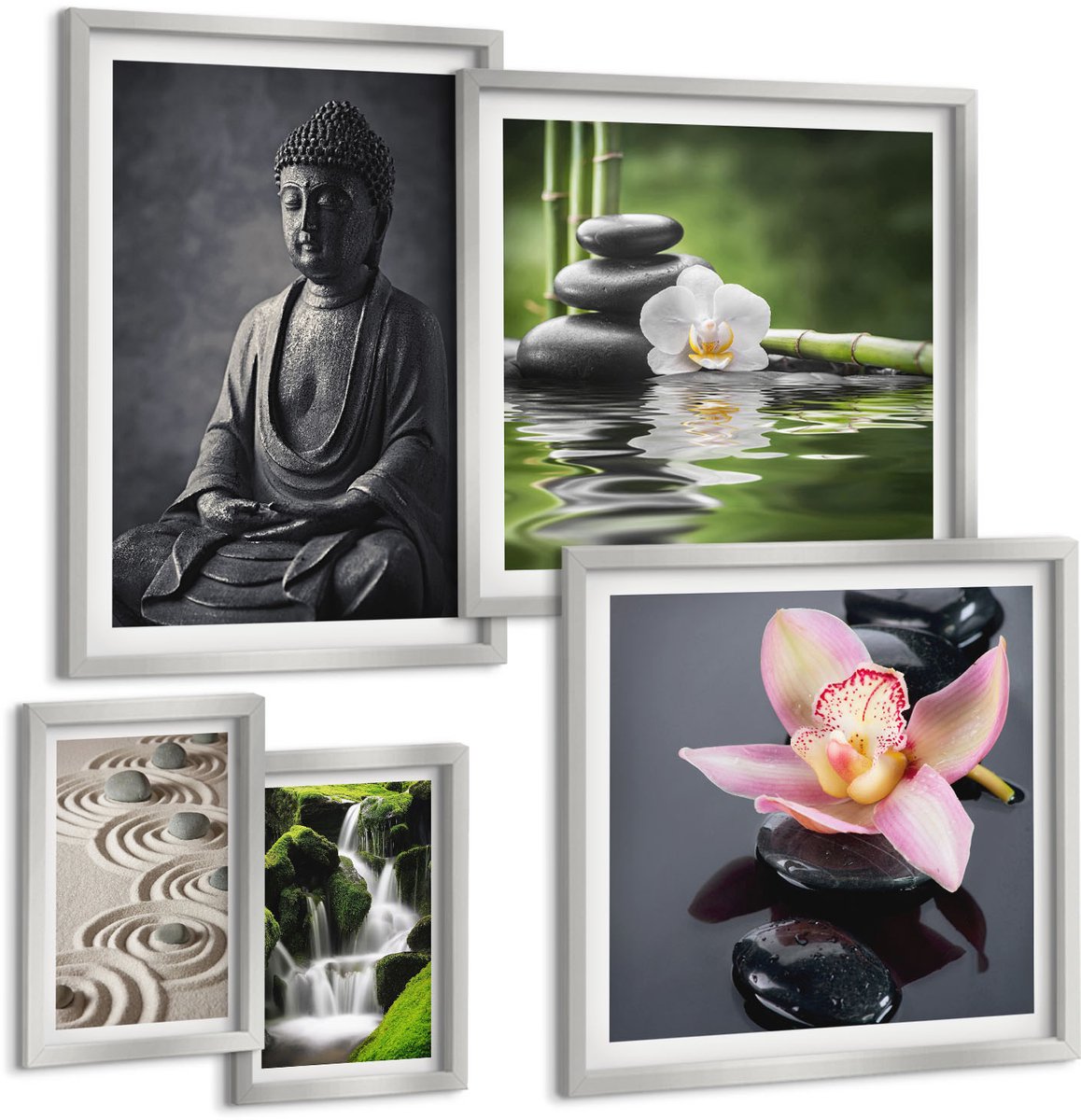 TULUP 4-Delige Schilderij Set - Een ontspannende zen-sfeer met elementen uit de natuur en meditatie. - 50 x 50 cm, 20 x 30 cm en 40 x 60 cm - Wanddecoratie - Schilderijen Set - Kantoor - Muurdecoratie Zilveren lijst