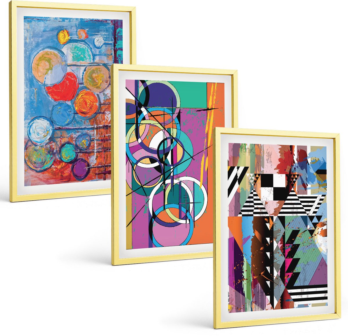 TULUP 4-Delige Schilderij Set - Kleurrijke abstracties met cirkels en geometrische patronen - 40 x 60 cm - Muurdecoratie - Interieur Decoratie - Stijlvolle Muurdecoratie Gouden lijst