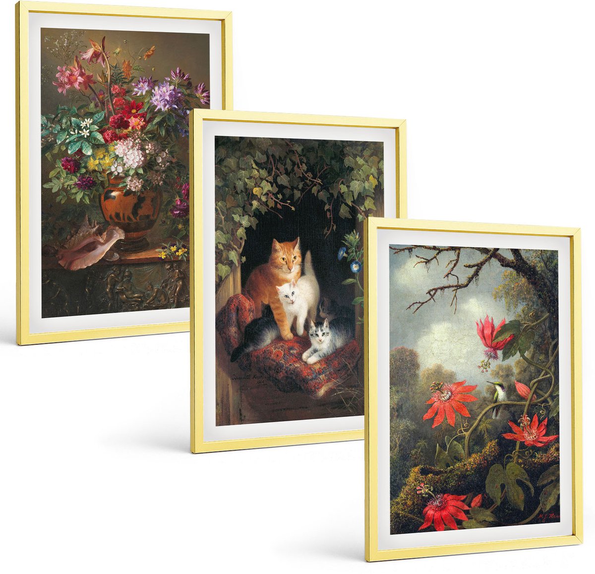TULUP 4-Delige Schilderij Set - Vintage bloemen, katten en planten in de natuur - 40 x 60 cm - Decoratieve Schilderijen - Woonkamer - Interieur - Moderne Wanddecoratie Gouden lijst