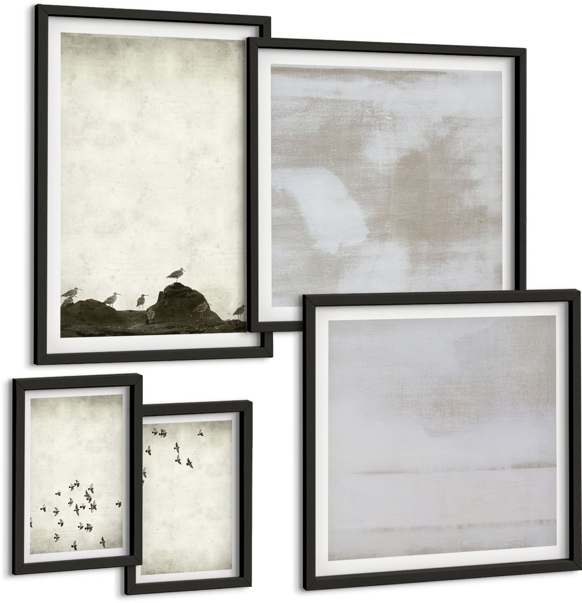 Tulup 4-Delige Schilderij Set - Vogels in vlucht en gekraste texturen in minimalistische stijl - 50 x 50 cm, 20 x 30 cm en 40 x 60 cm - Decoratieve Muurdecoratie - Slaapkamer - Stijlvolle Muurdecoratie