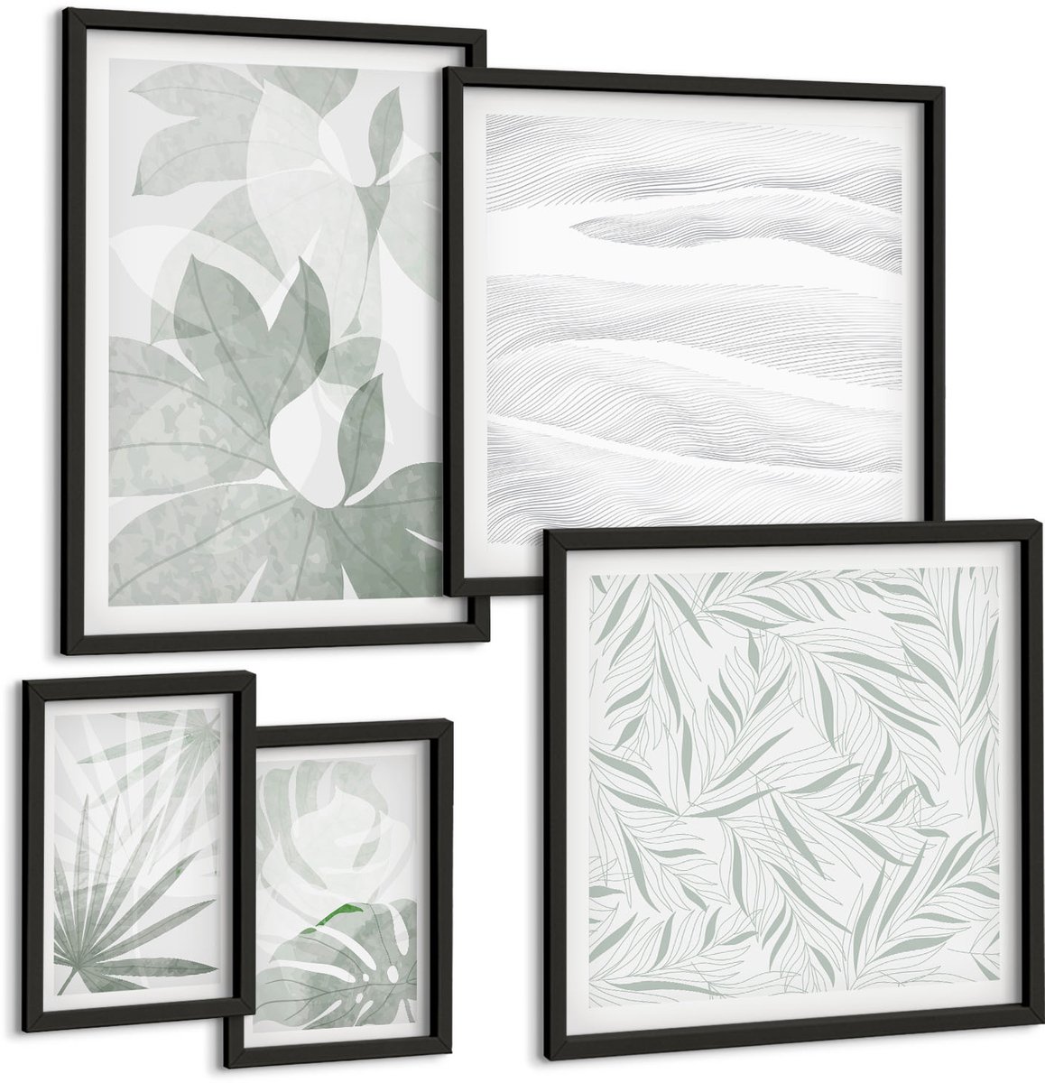 Tulup 4-Delige Schilderij Set - Plantmotieven in delicate groene tinten - 50 x 50 cm, 20 x 30 cm en 40 x 60 cm - Stijlvolle Muurdecoratie - Kantoor