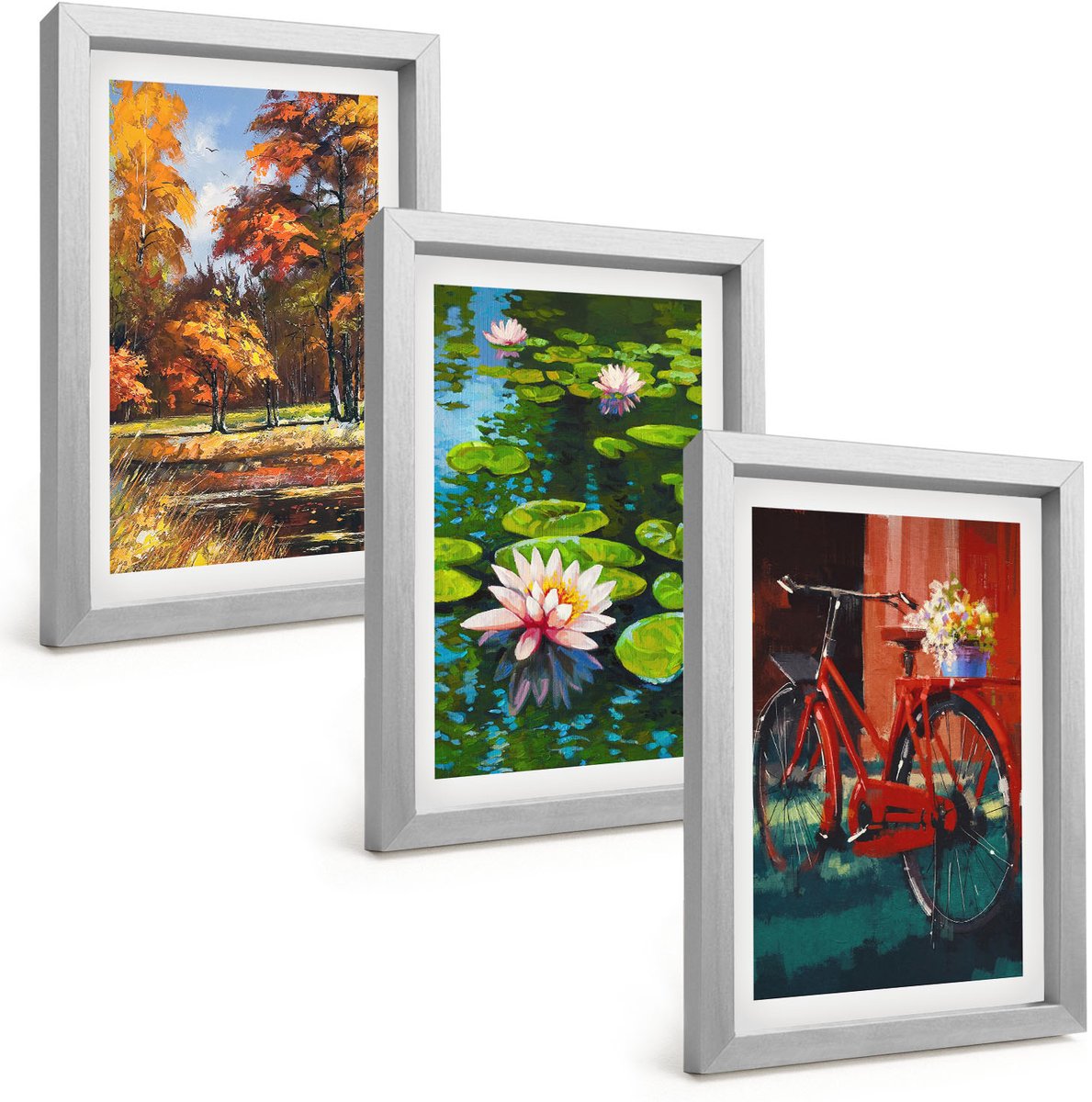 Tulup 4-Delige Schilderij Set - Herfstkleuren, lelievijver, fietsen op het terras - 20 x 30 cm - Decoratieve Schilderijen - Wanddecoratie - Hal - Woonkamer Decoratie