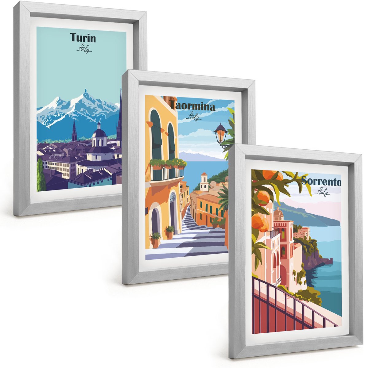 Tulup 4-Delige Schilderij Set - Kleurrijke, illustratieve stadsgezichten in retrostijl - 20 x 30 cm - Stijlvolle Muurdecoratie - Kantoor - Decoratieve Schilderijen