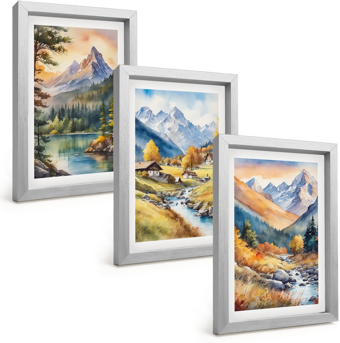Tulup 4-Delige Schilderij Set - Berglandschap met een rivier en huisjes in herfstkleuren. - 20 x 30 cm - Wanddecoratie - Schilderijen Set - Kantoor