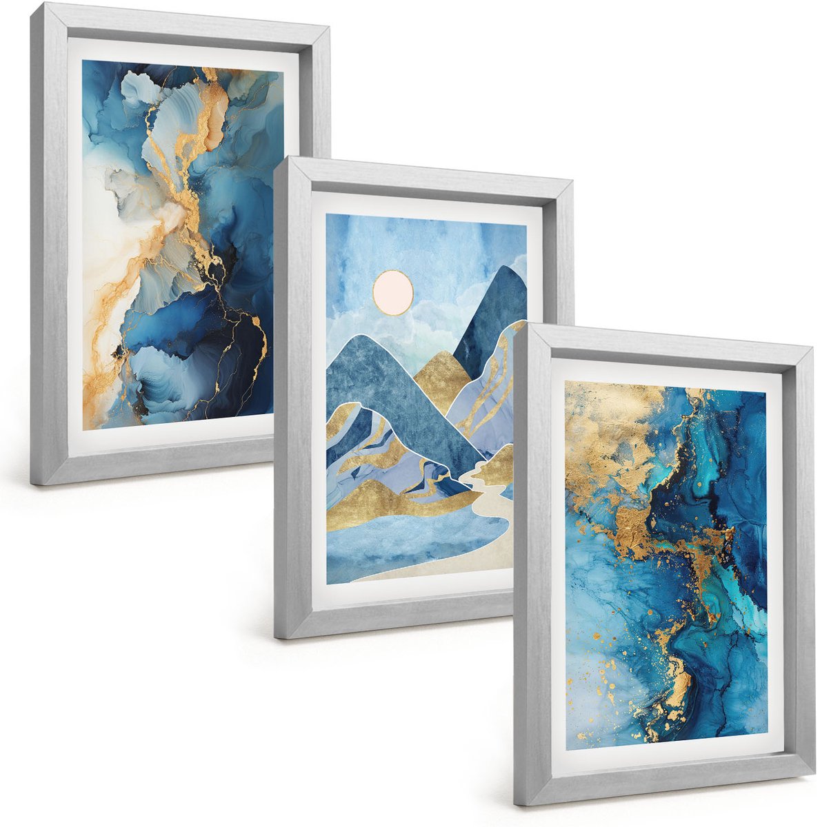 Tulup 4-Delige Schilderij Set - Blauwe bergen met abstracte patroonelementen - 20 x 30 cm - Wanddecoratie - Schilderijen Set - Kantoor - Muurdecoratie