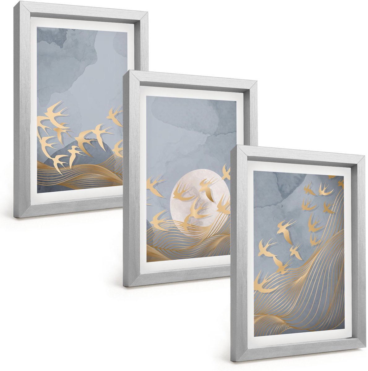 Tulup 4-Delige Schilderij Set - Vogels in vlucht tegen de hemel en de maan. - 20 x 30 cm - Muurdecoratie - Schilderijen Set - Woonkamer - Moderne Wanddecoratie