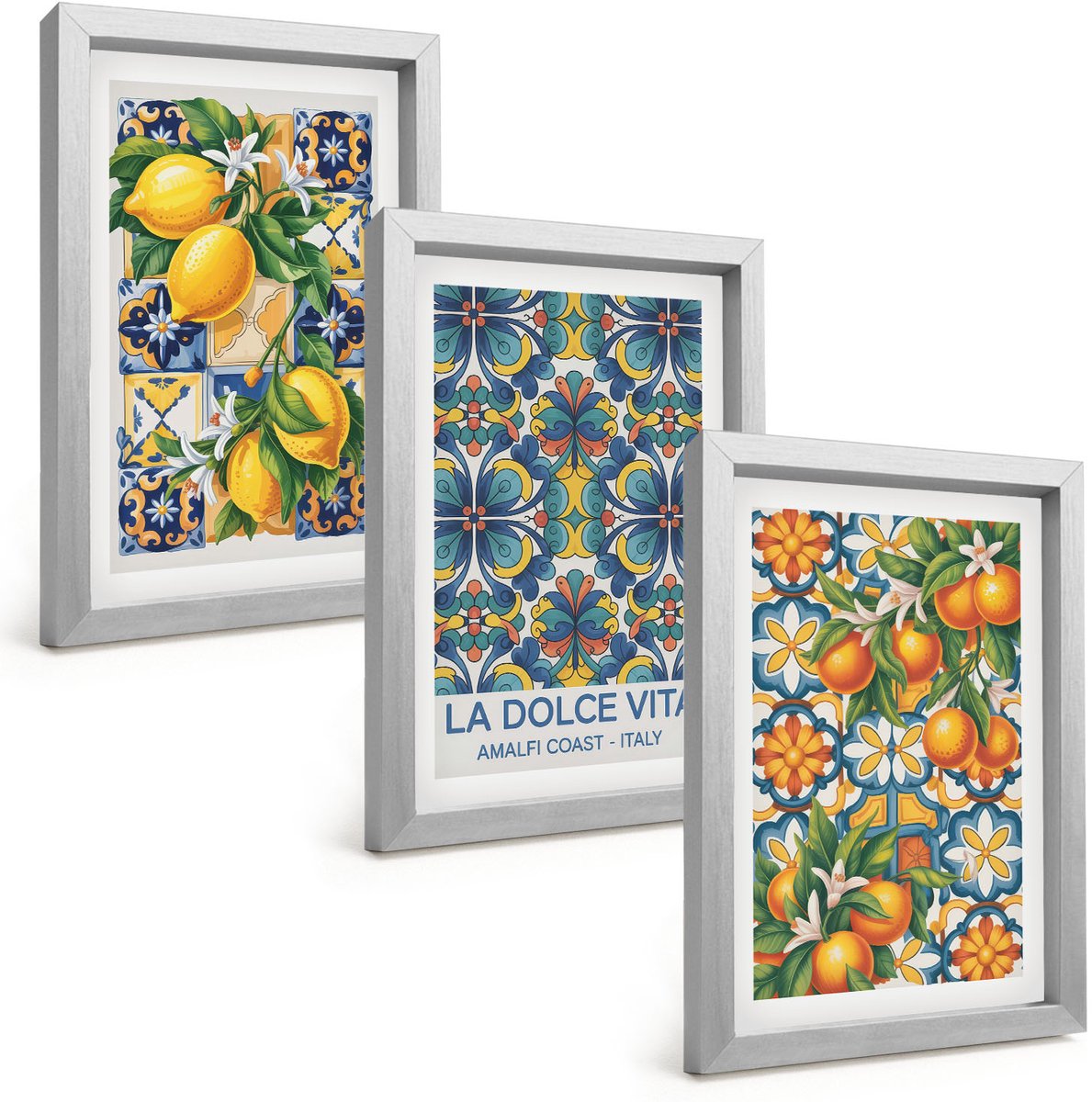 Tulup 4-Delige Schilderij Set - Citroen- en sinaasappelbloemen in kleurrijke patronen - 20 x 30 cm - Wanddecoratie - Muurdecoratie - Woonkamer