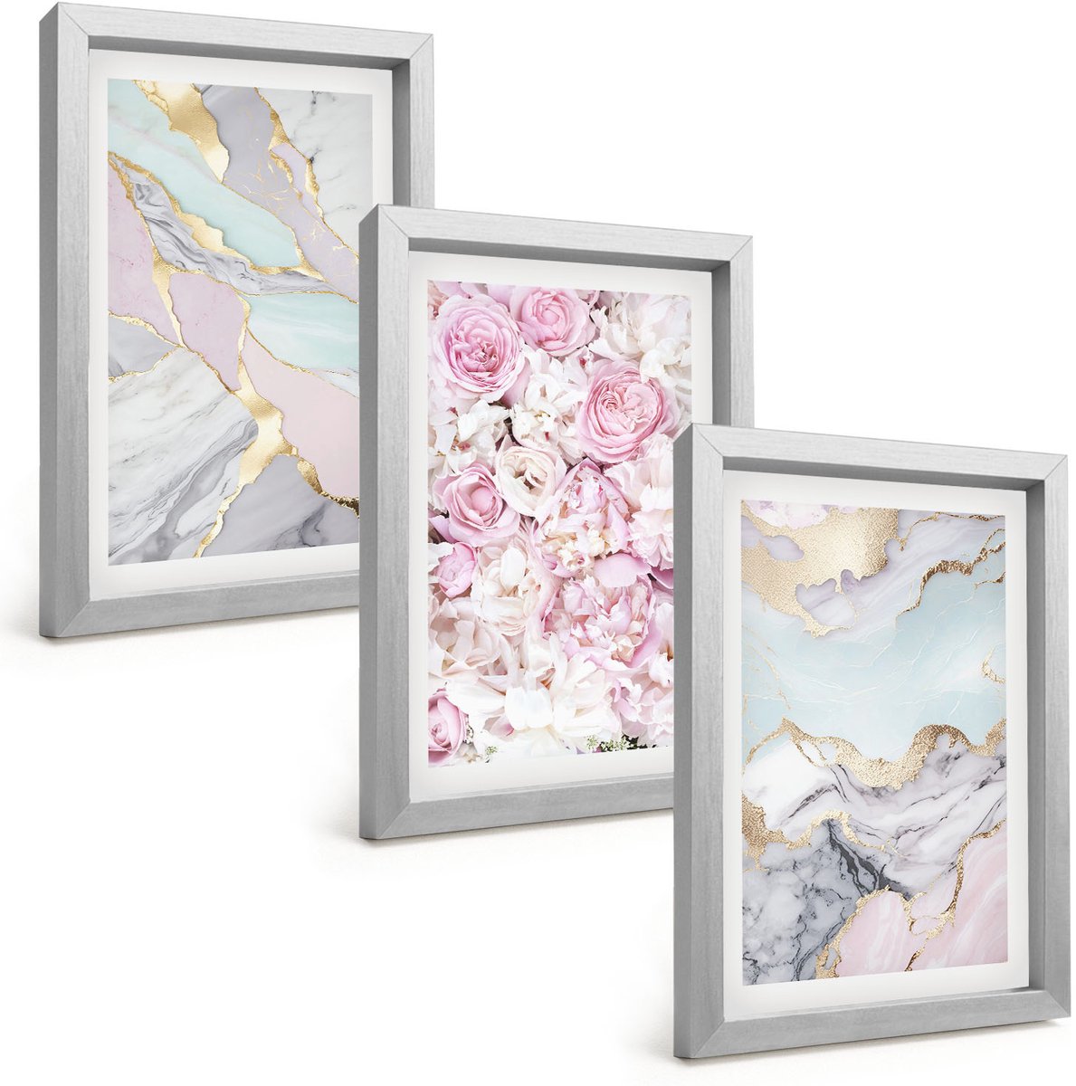 Tulup 4-Delige Schilderij Set - Roze bloemen met marmer- en pastelpatronen - 20 x 30 cm - Muurdecoratie - Schilderijen Set - Woonkamer - Stijlvolle Muurdecoratie
