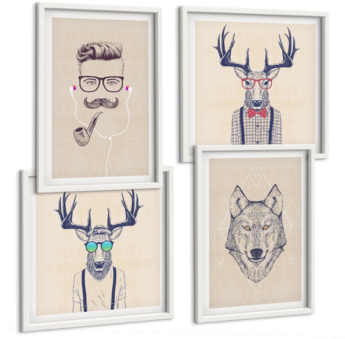 Tulup 4-Delige Schilderij Set - Stijlvolle portretten van dieren en mannen - 40x40 en 40x60 - Decoratieve Muurdecoratie - Slaapkamer - Decoratieve Schilderijen